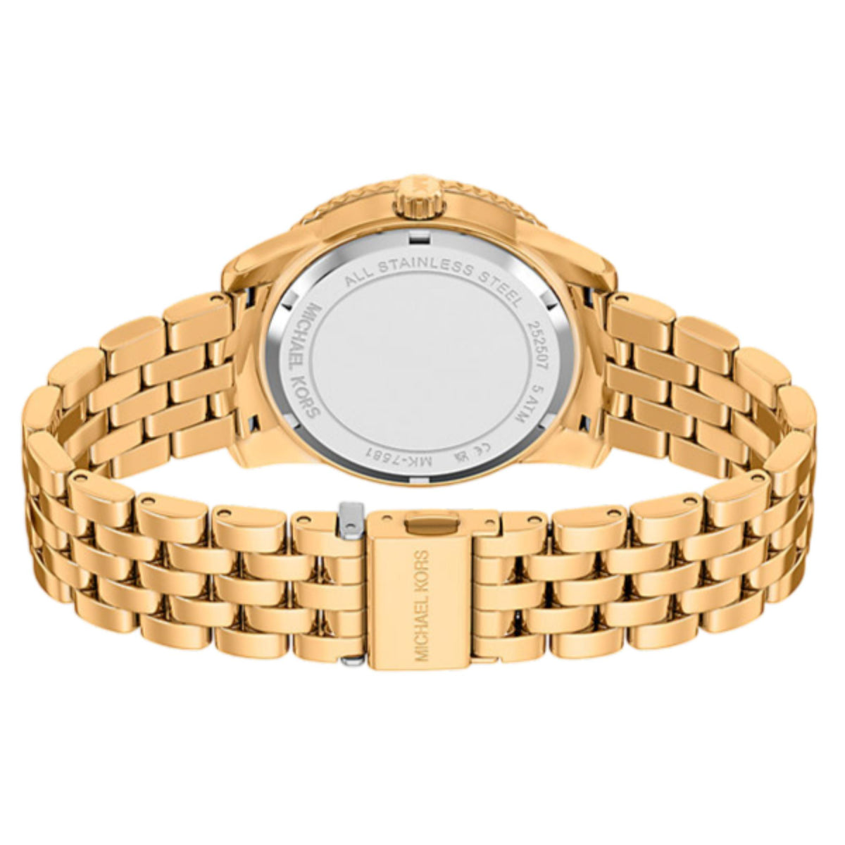 Michael Kors Bryant MK7581 inner band perspective displaying the engraved stainless steel case back and gold-tone bracelet clasp