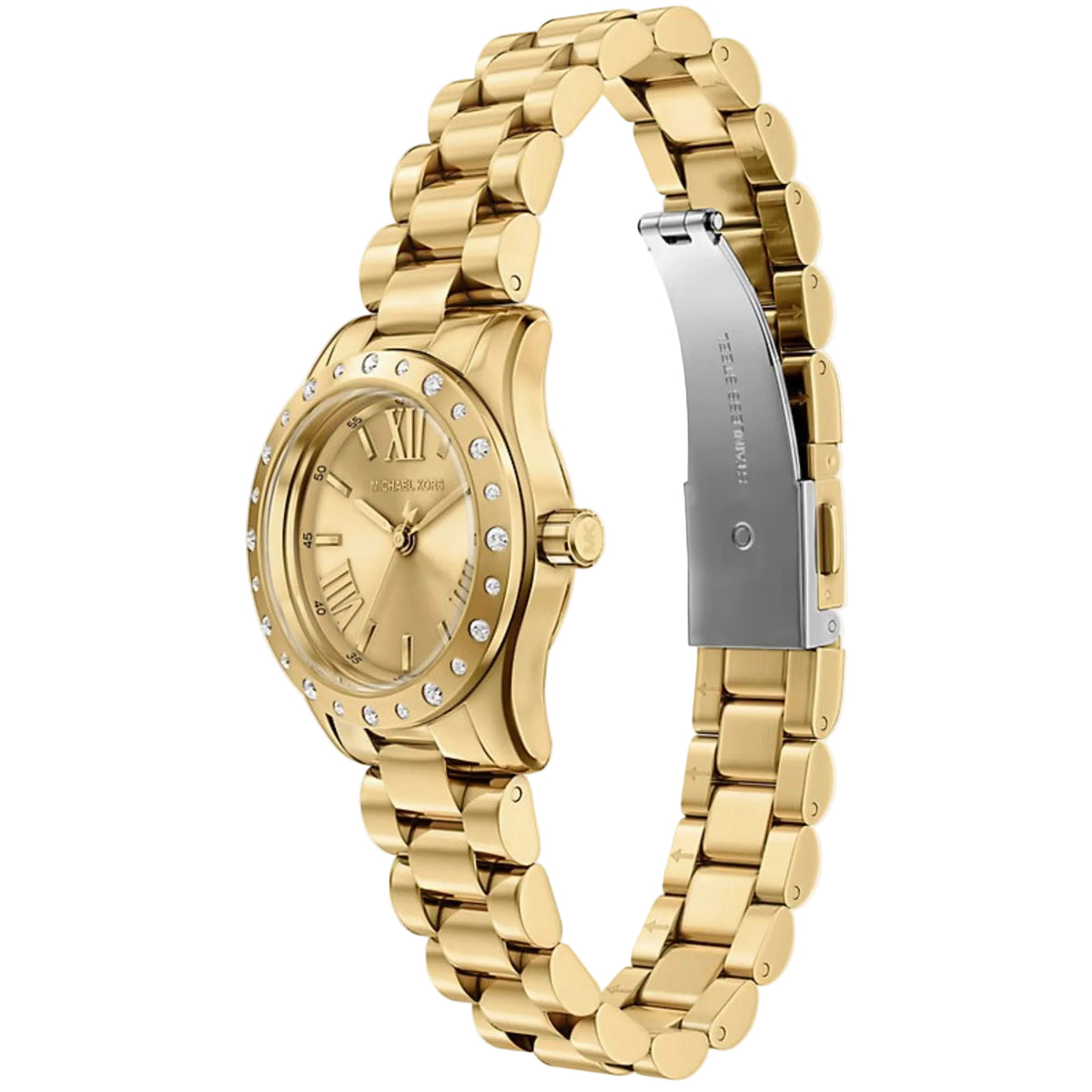 Michael Kors gold dial steel quartz watch with jeweled bezel, side profile, link bracelet