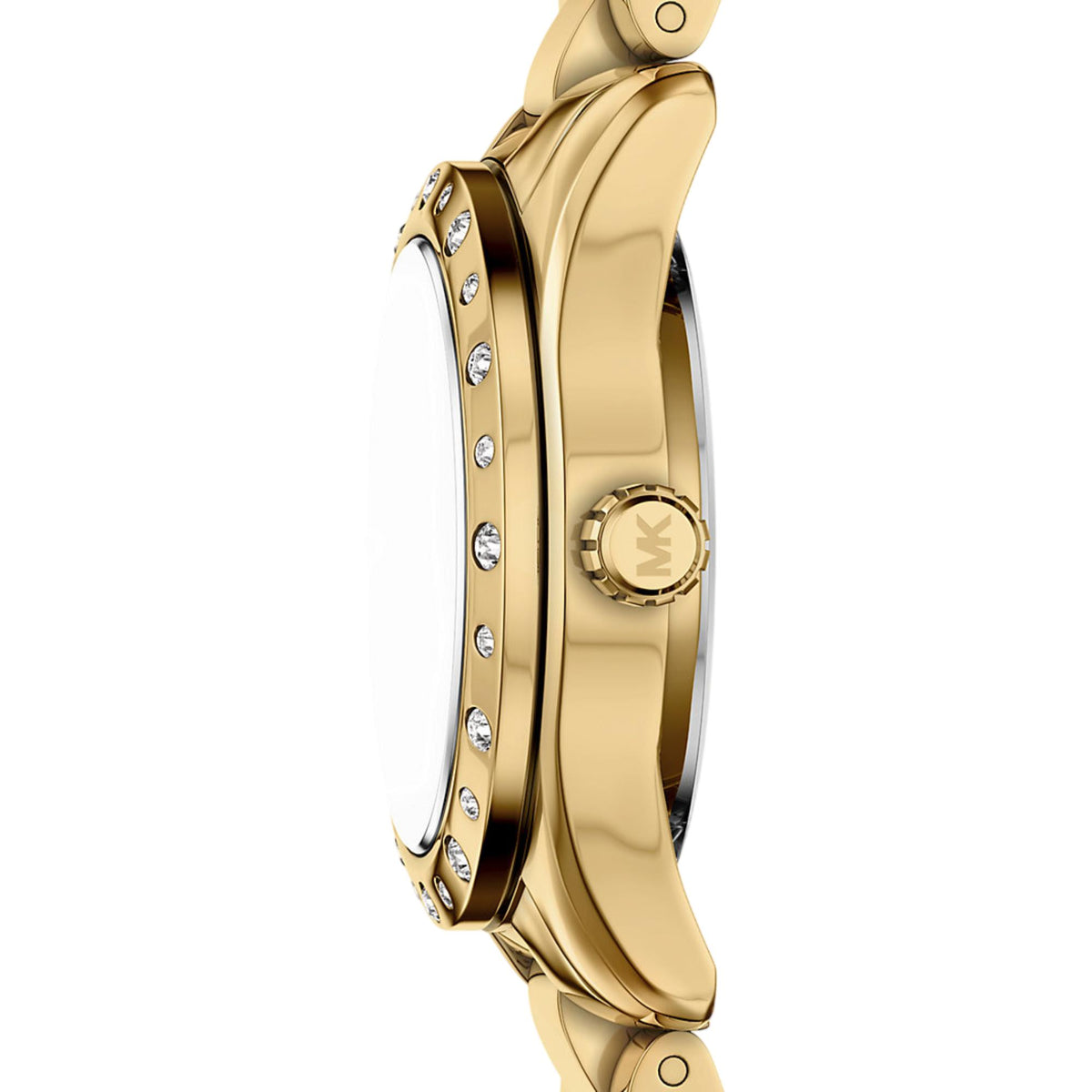 Michael Kors gold steel watch case side with jeweled bezel detail and crown