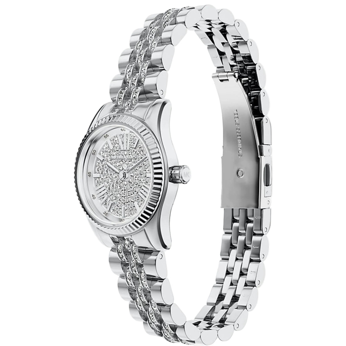Michael Kors Lexington MK7577 three-quarter angle view featuring the silver crystal dial, fluted bezel, and stone-set link bracelet