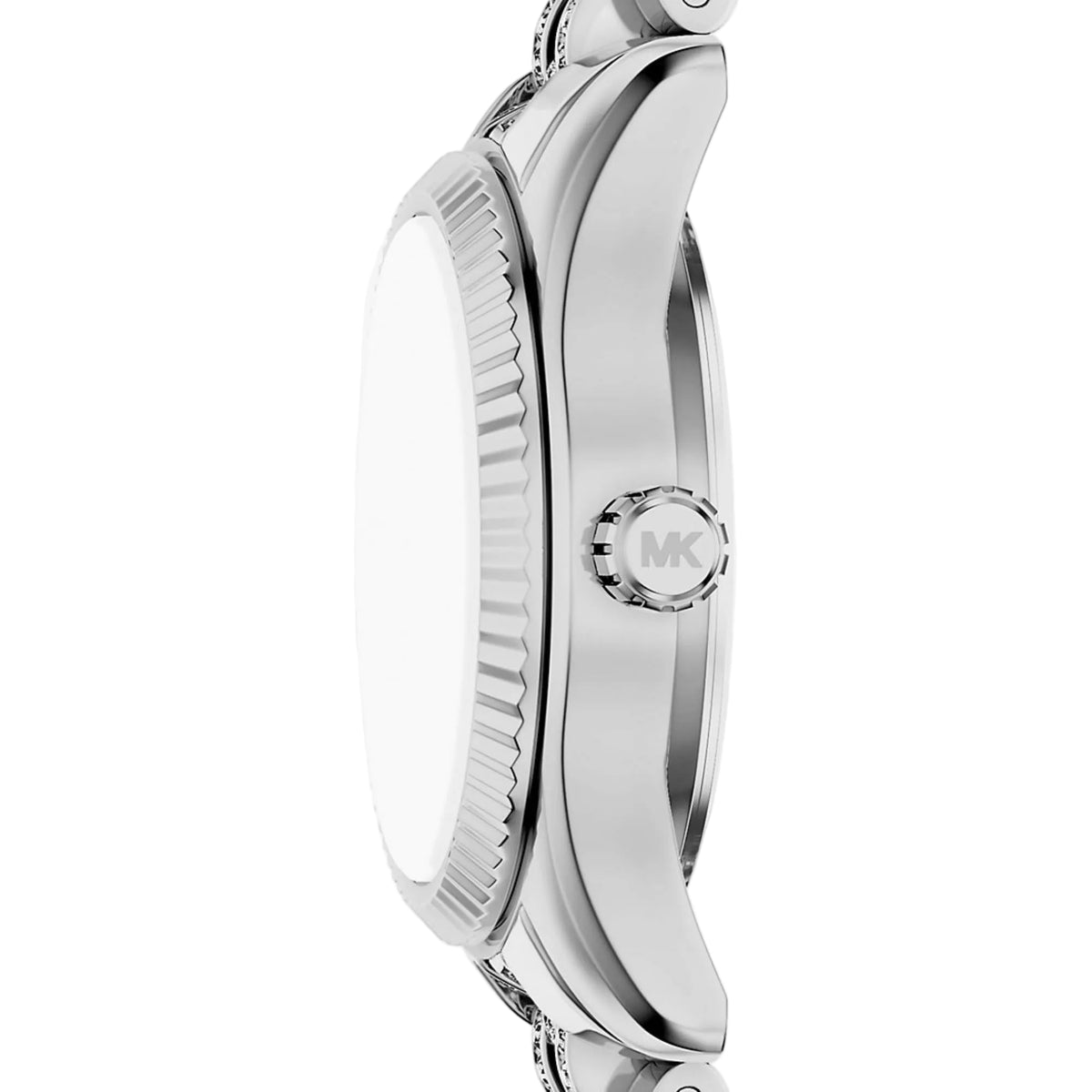 Michael Kors Lexington MK7577 side profile view showcasing the silver-tone case, textured bezel, and logo-engraved crown