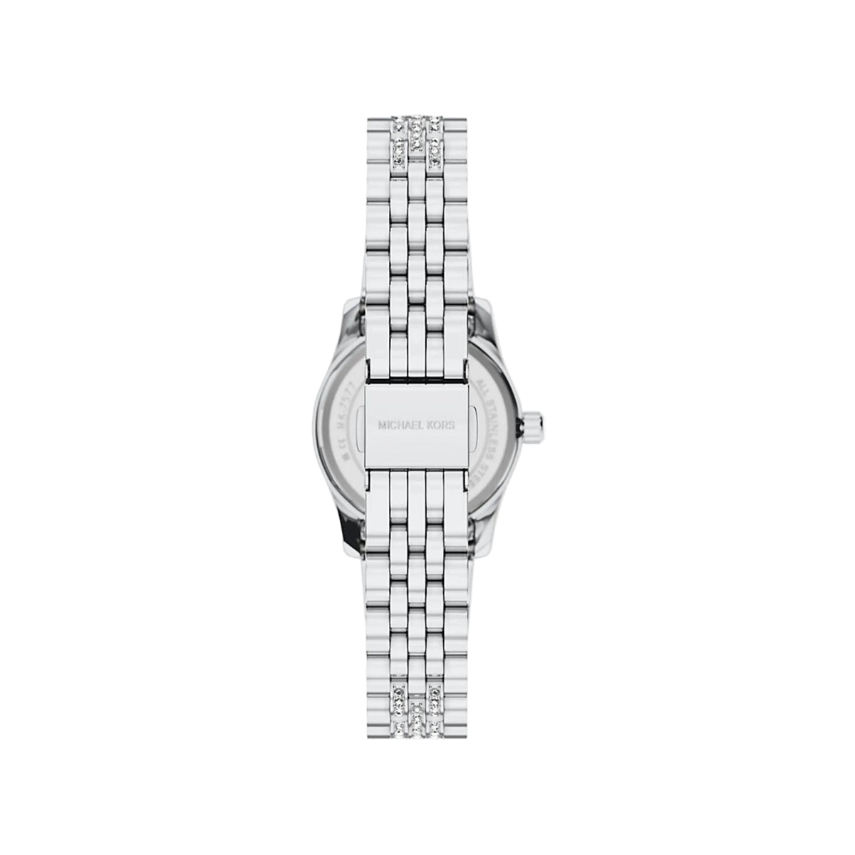 Michael Kors Petite Lexington MK7577 rear view displaying the stainless steel case back and crystal set bracelet with branded clasp