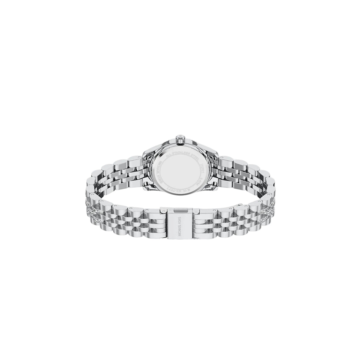 Michael Kors Petite Lexington MK7577 reverse angled view revealing the case back and stainless steel crystal set link bracelet construction