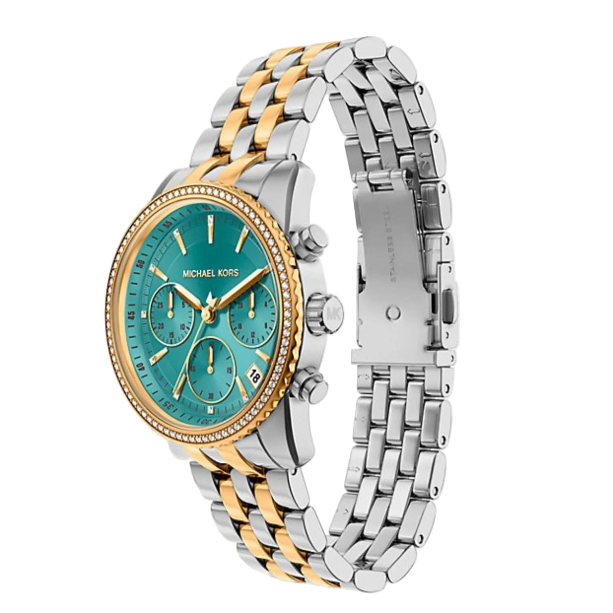 Michael Kors Bryant MK7582 three-quarter angle view showcasing the blue sub-dials, gold-tone pavé bezel, and deployment clasp