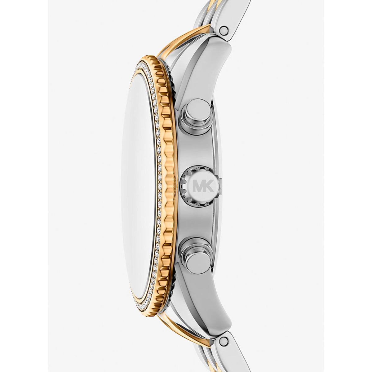 Michael Kors Bryant MK7582 side profile view highlighting the coin edge bezel, chronograph pushers, and MK-signed crown