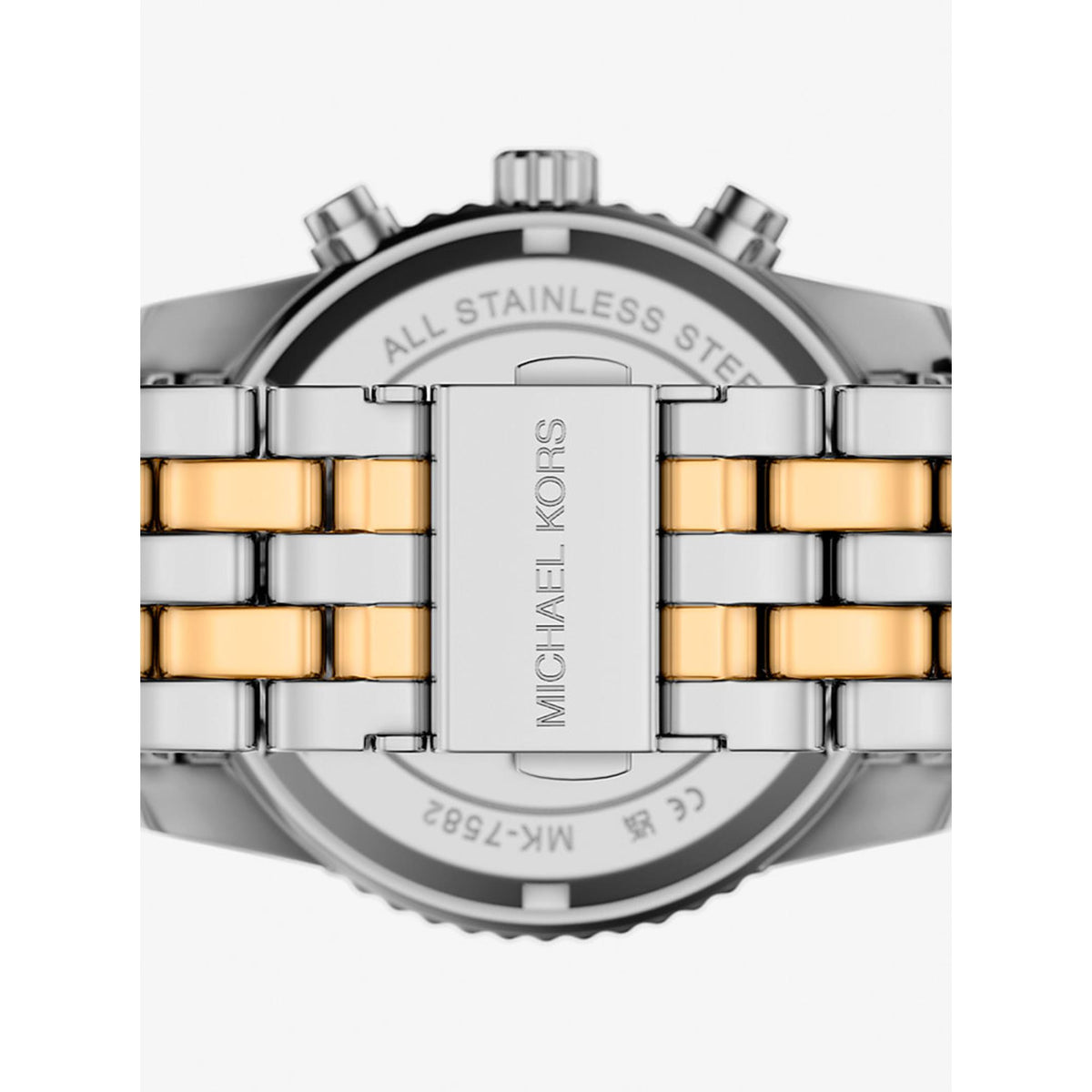 Michael Kors Bryant MK7582 rear view showing the branded foldover clasp on the two-tone stainless steel bracelet