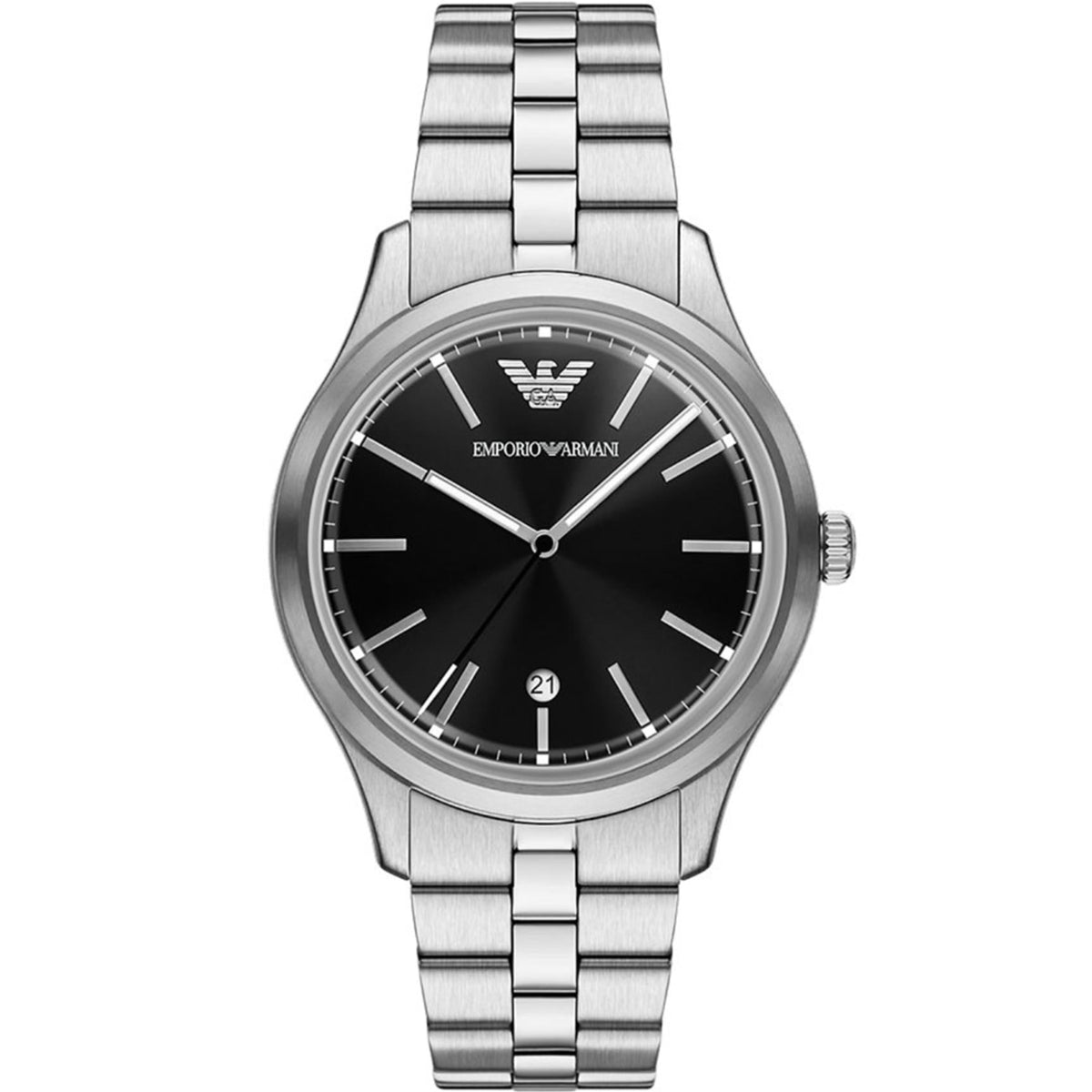 Emporio Armani Dario AR11732 mens quartz watch featuring a sunray black dial, silver baton indices, date window, and stainless steel link bracelet