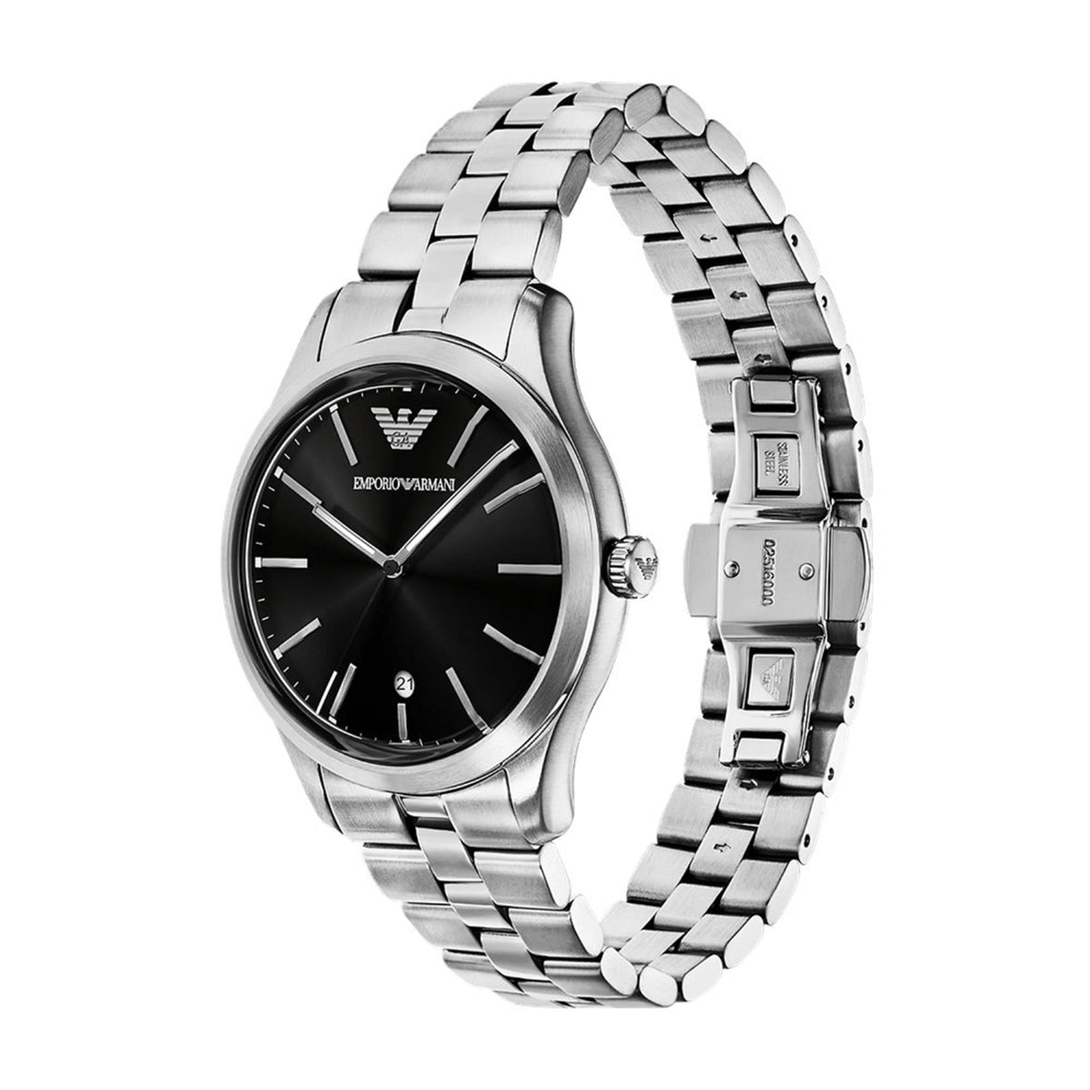Three-quarter angle view of the Emporio Armani Dario AR11732 wristwatch showcasing the black dial layout, polished bezel, and metal bracelet clasp