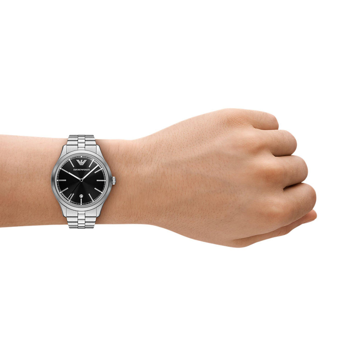 On-wrist perspective of the Emporio Armani Dario AR11732 timepiece displaying the round black dial and brushed steel case on a wrist