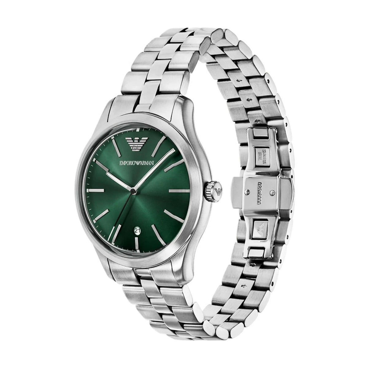 Emporio Armani Dario AR11734 stainless steel bracelet and case side angle view