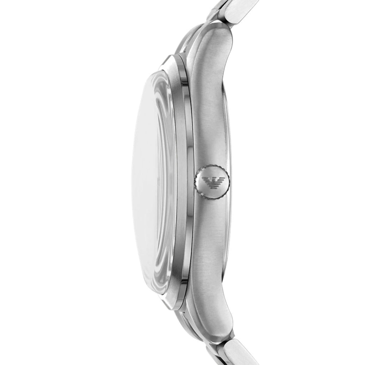 Emporio Armani Dario AR11734 stainless steel case and crown side profile view