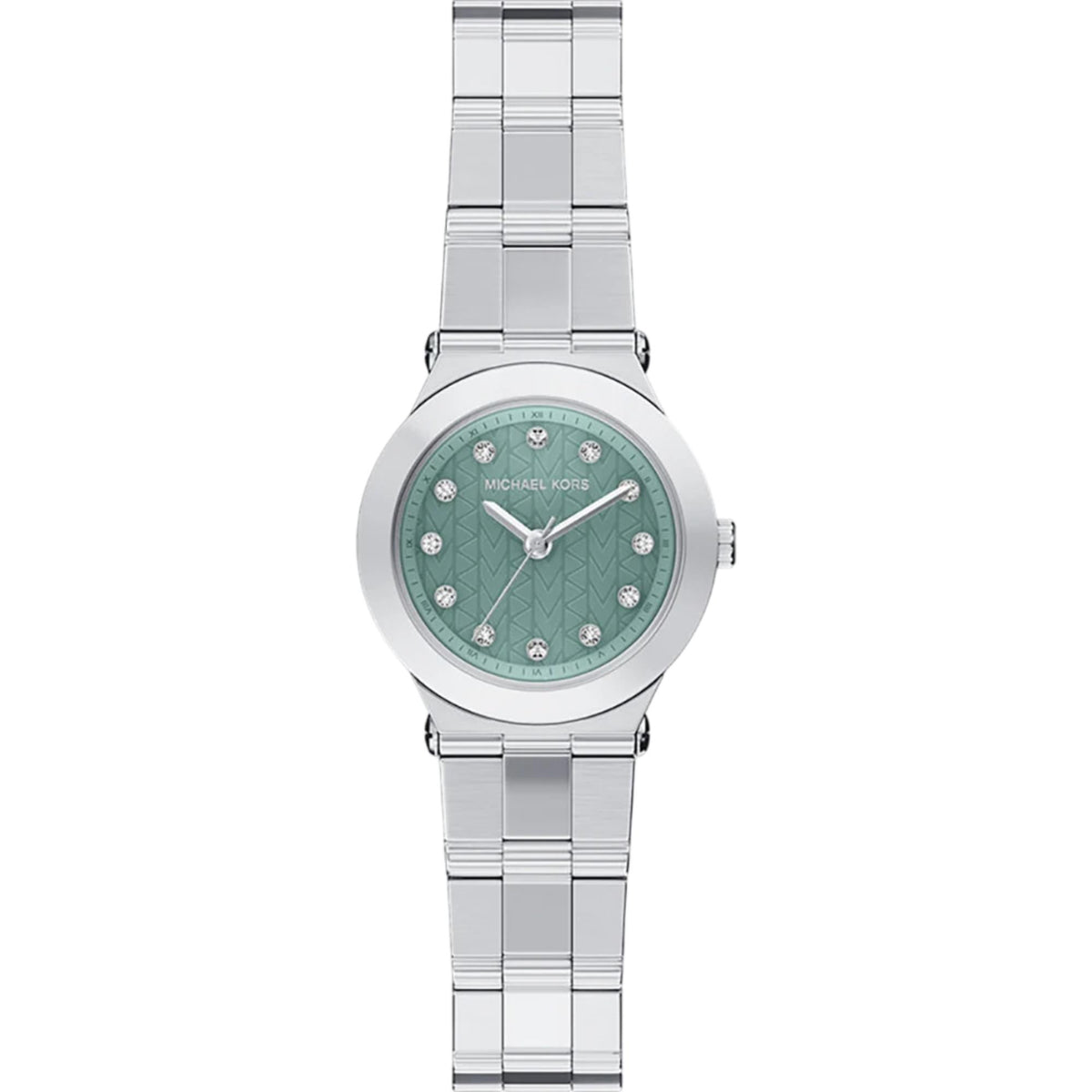 Stainless steel ladies quartz watch with blue dial and diamond-style hour markers