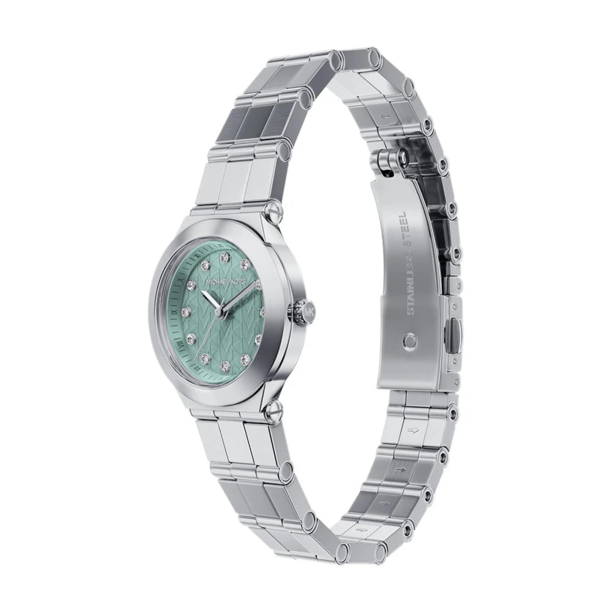 Stainless steel watch case with blue textured dial, crystal-style markers, and crown