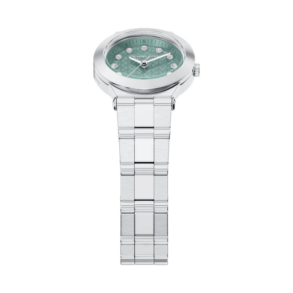 Round stainless steel quartz watch with blue-green dial and crystal-style hour markers