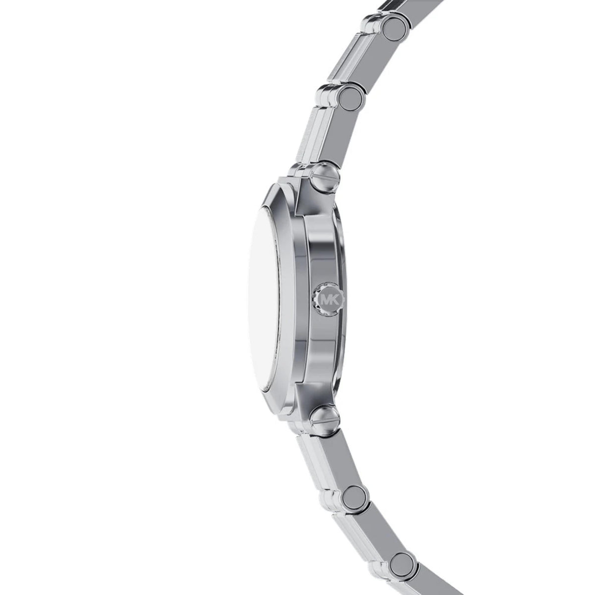 Side view of stainless steel bracelet quartz watch with round crown on the case