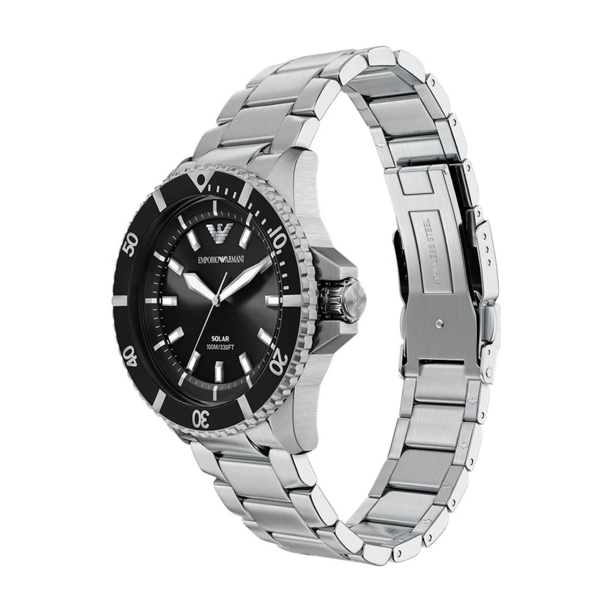 Angled perspective of the Emporio Armani World Explorer AR11787 watch highlighting the 42mm steel case and black rotating bezel