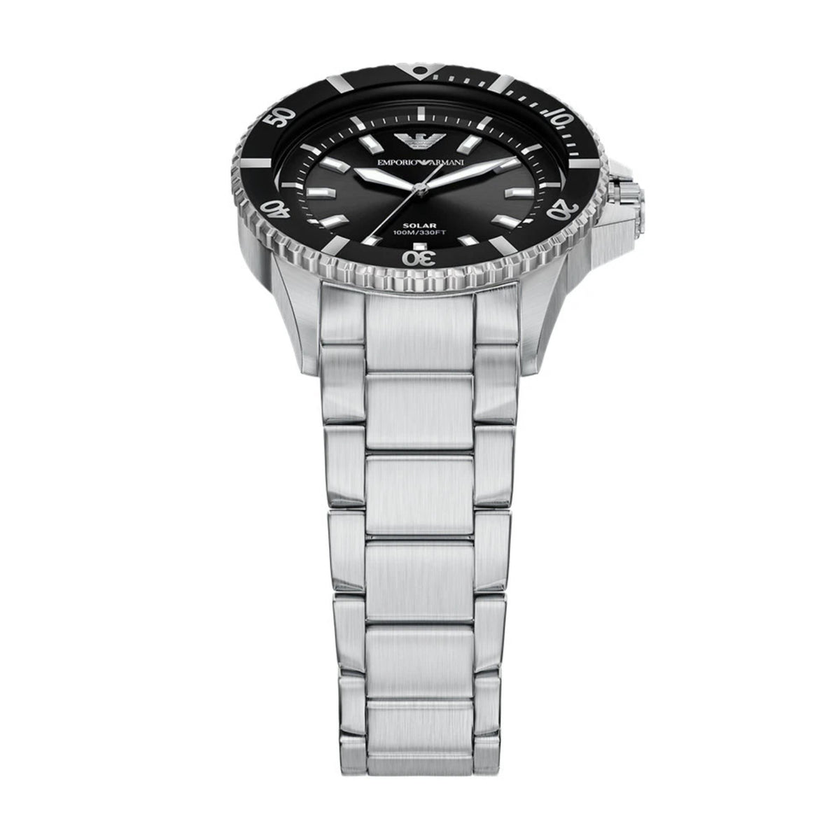 Top-down view of the Emporio Armani World Explorer AR11787 wrist watch focused on the brushed steel bracelet link structure