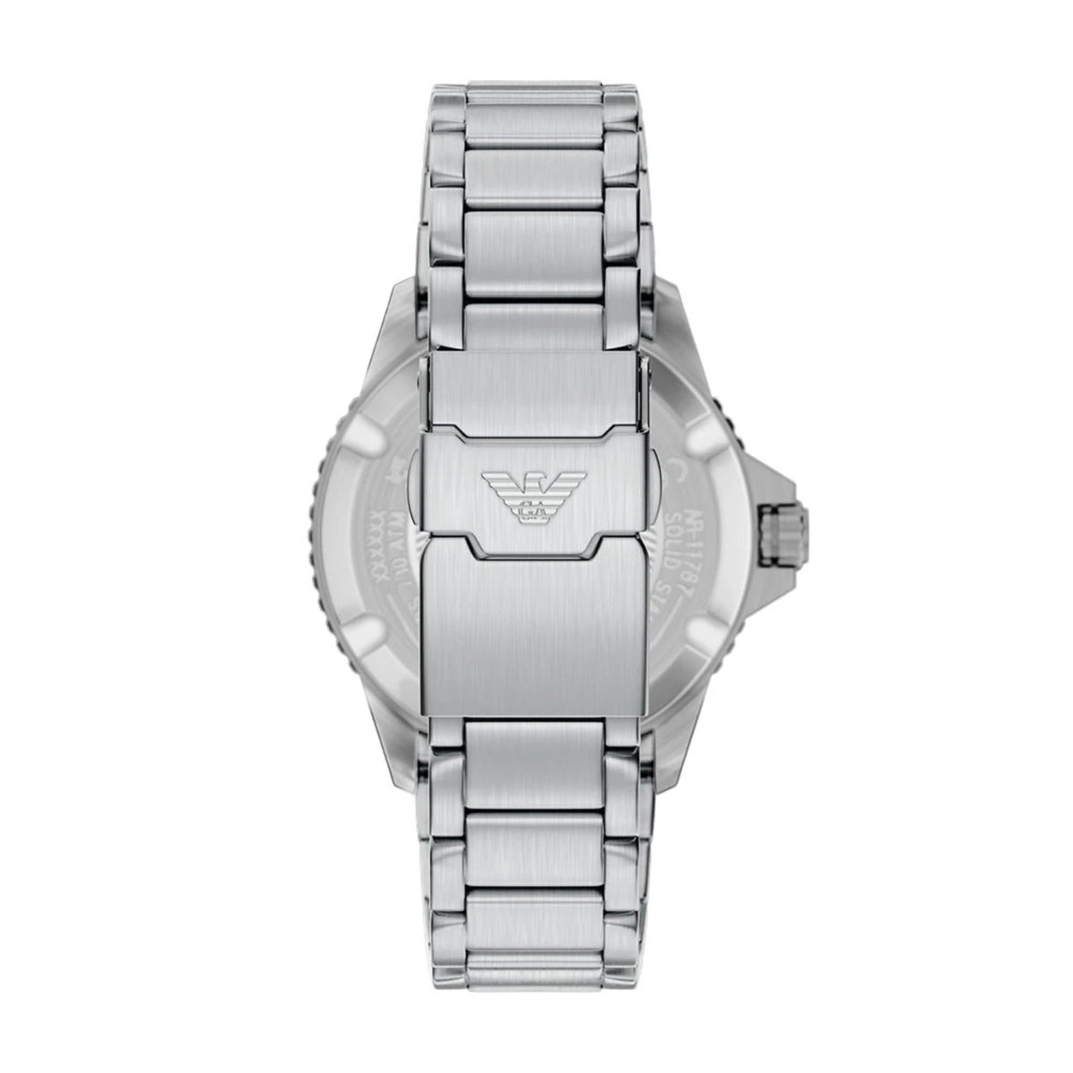 Back view of the Emporio Armani World Explorer AR11787 watch showcasing the branded fold-over deployment clasp