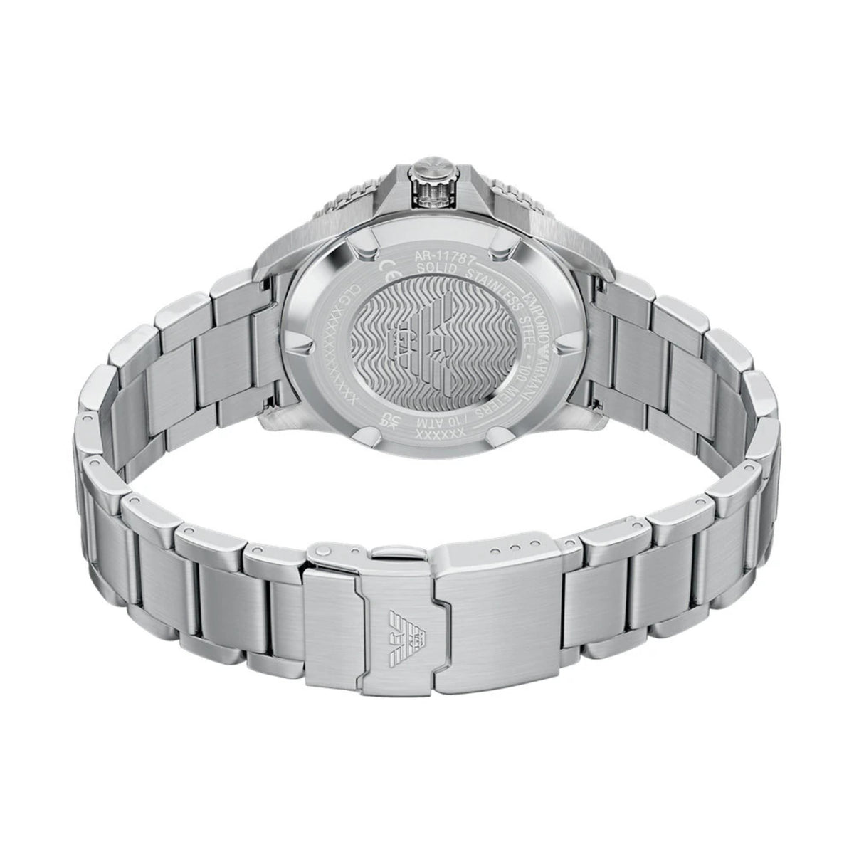 Angled back view of the Emporio Armani World Explorer AR11787 timepiece showing the engraved eagle emblem case back and open bracelet band