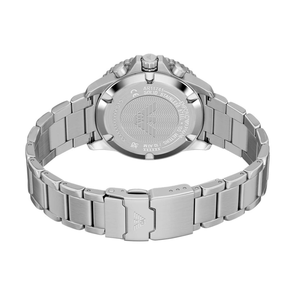 Emporio Armani World Explorer AR11741 back case view showcasing eagle logo engraving, serial specs, and deployment clasp