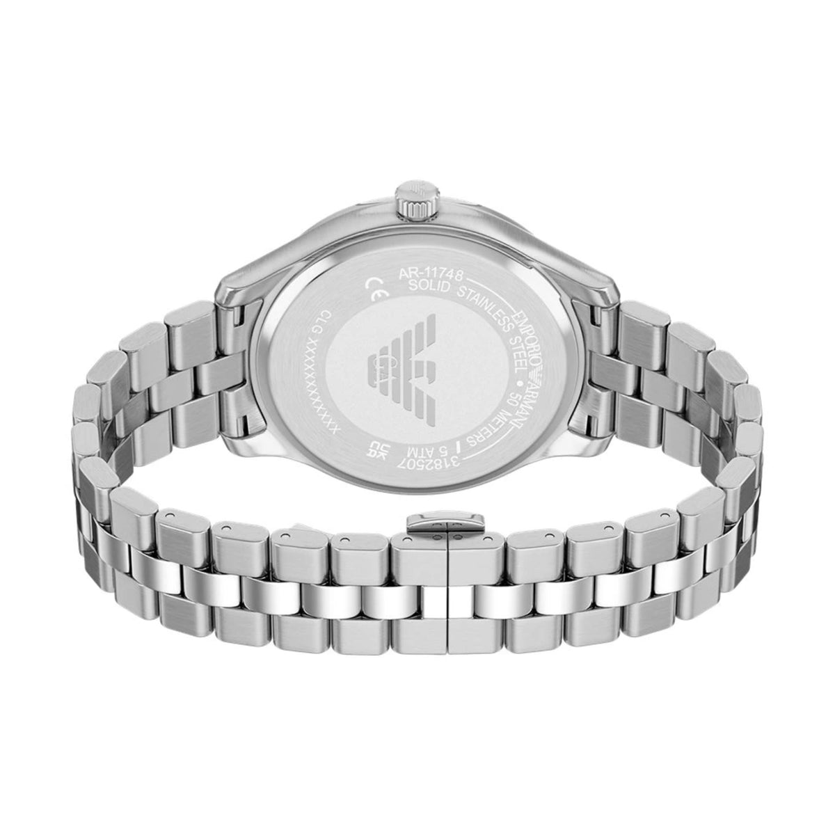 Emporio Armani Dario AR11748 engraved caseback showing 5 ATM water resistance