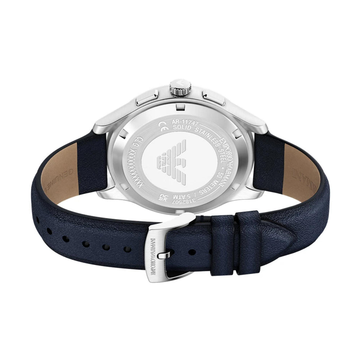 Emporio Armani Dario AR11747 engraved stainless steel caseback and leather inner strap detail