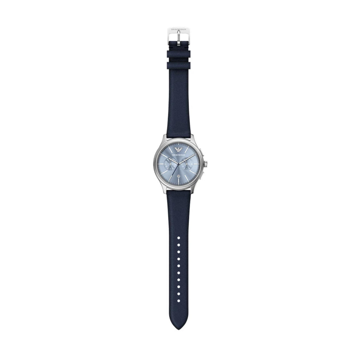 Emporio Armani Dario AR11747 full flat lay view with extended leather strap