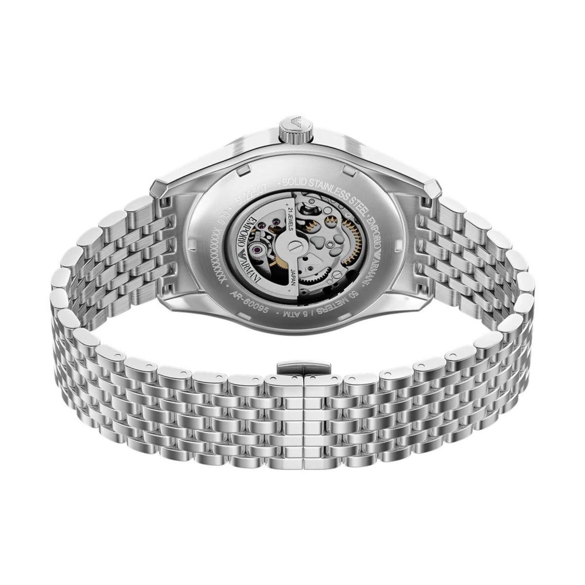 Angled rear view of the Emporio Armani Antonio AR60095 watch showcasing the curved bracelet loop and transparent exhibition case back