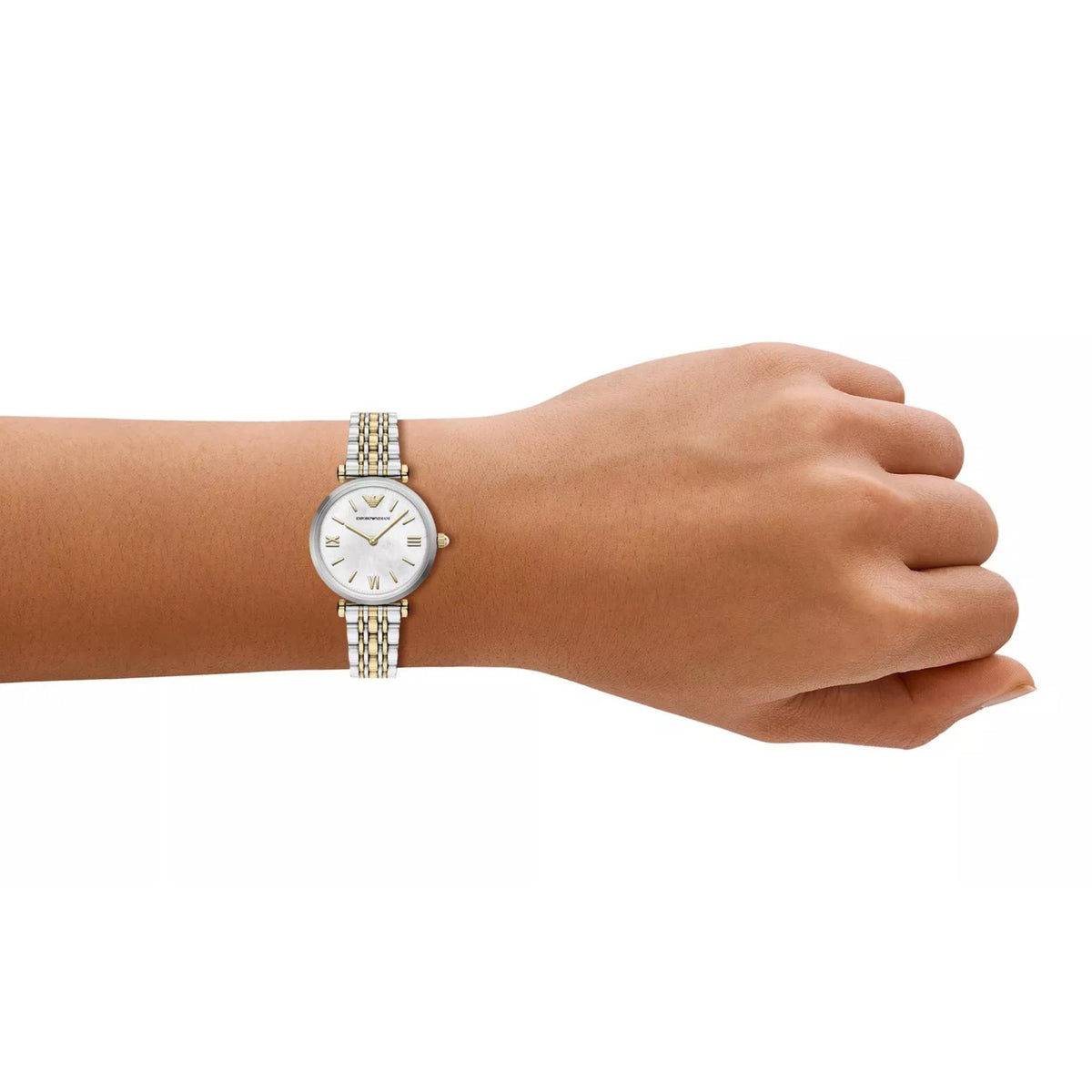 Emporio Armani Gianni T-Bar AR11769 lifestyle view showing ladies quartz watch worn on the wrist