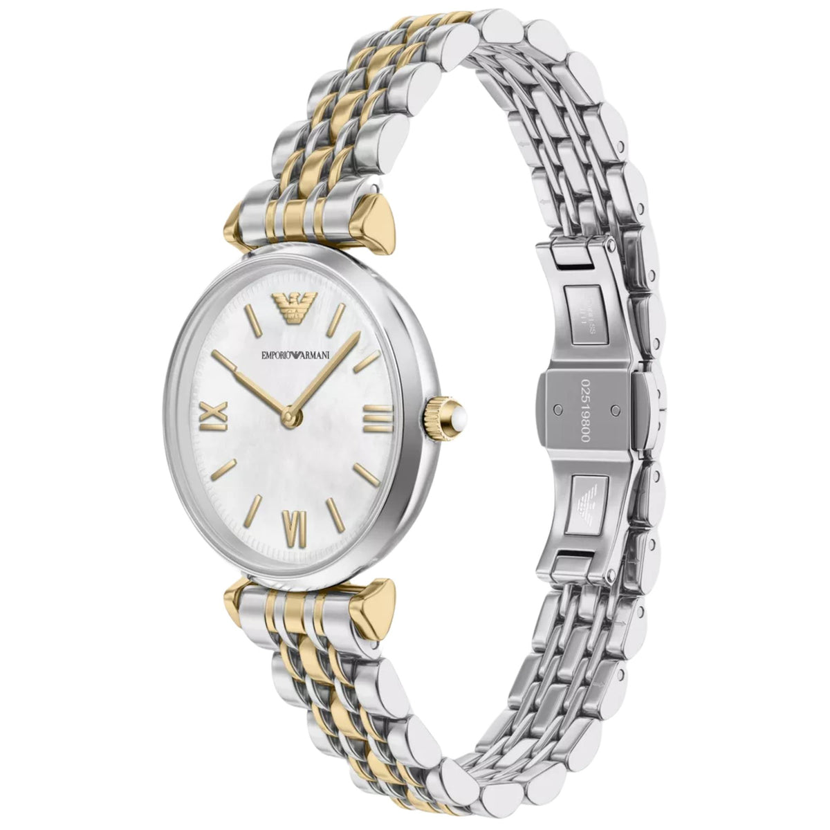 Emporio Armani Gianni T-Bar AR11769 angled perspective showcasing round watch head and deployment clasp