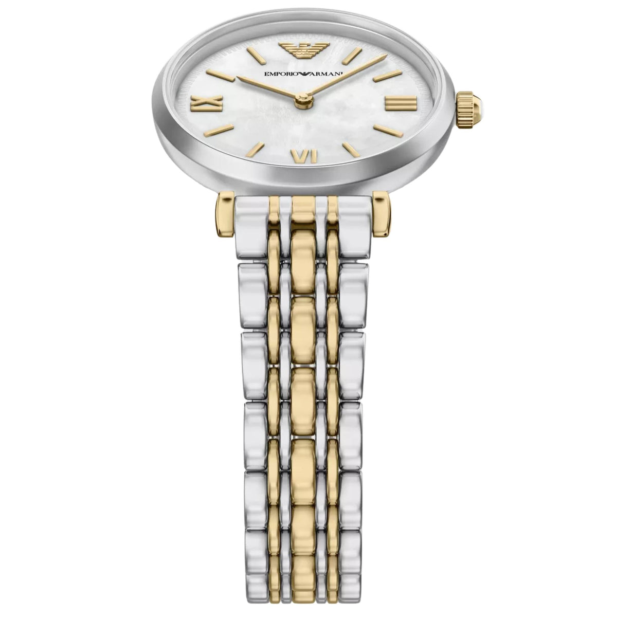 Emporio Armani Gianni T-Bar AR11769 top perspective view showing two-tone multi-link bracelet and T-bar lugs
