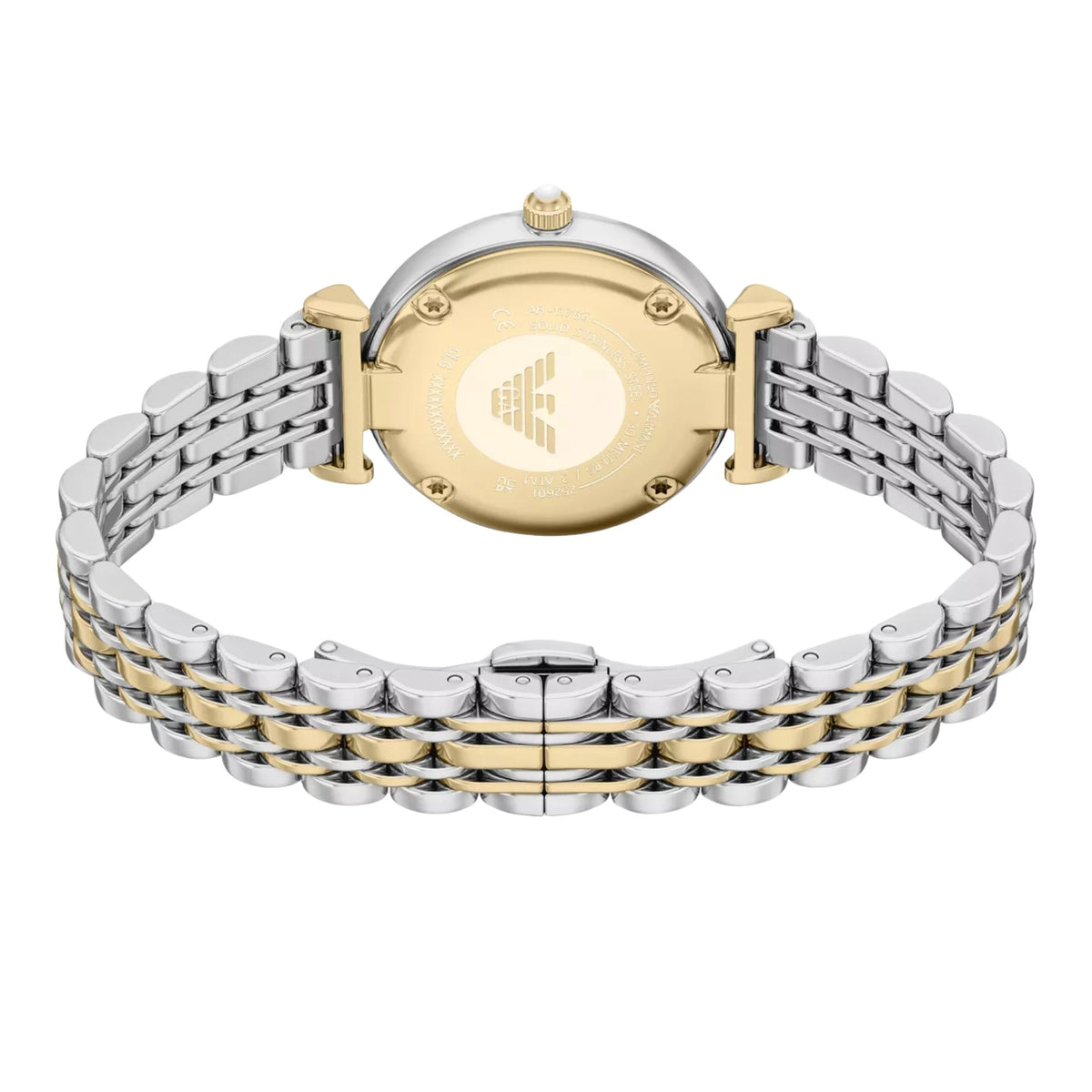 Emporio Armani Gianni T-Bar AR11769 rear view showing engraved eagle logo on case back and butterfly clasp