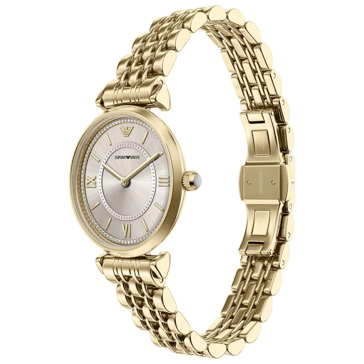 Angled perspective of the Emporio Armani Gianni T-Bar AR11766 wristwatch displaying the beige gold dial texture, cabochon crown, and gold-tone multi-link band