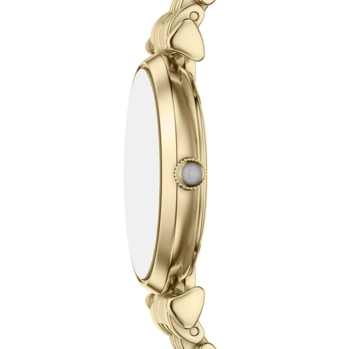 Side view of the Emporio Armani Gianni T-Bar AR11766 watch case highlighting the slim gold-tone profile and cabochon stone crown detail