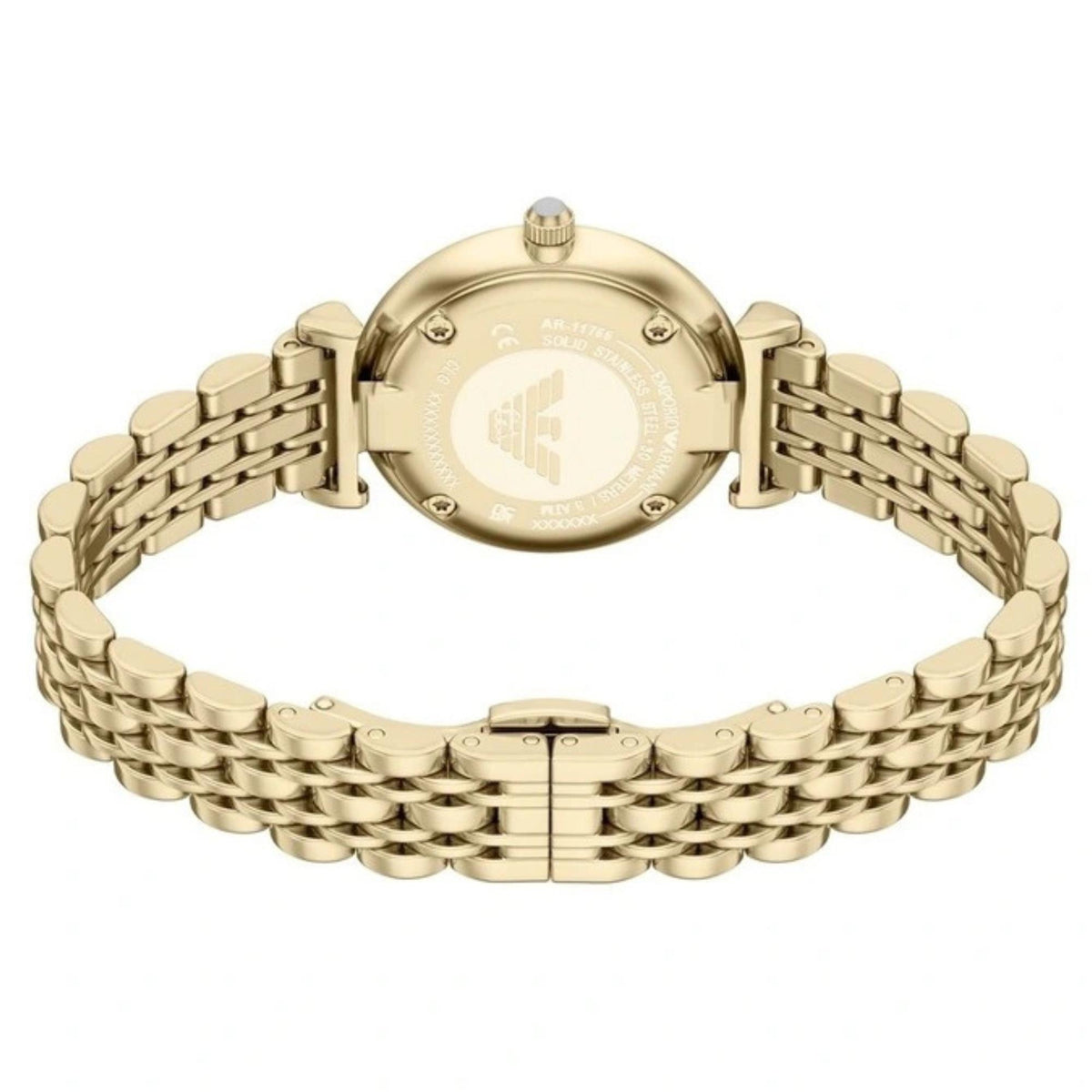 Rear view of the Emporio Armani Gianni T-Bar AR11766 watch displaying the solid case back, brand logo etching, and open gold-tone bracelet layout