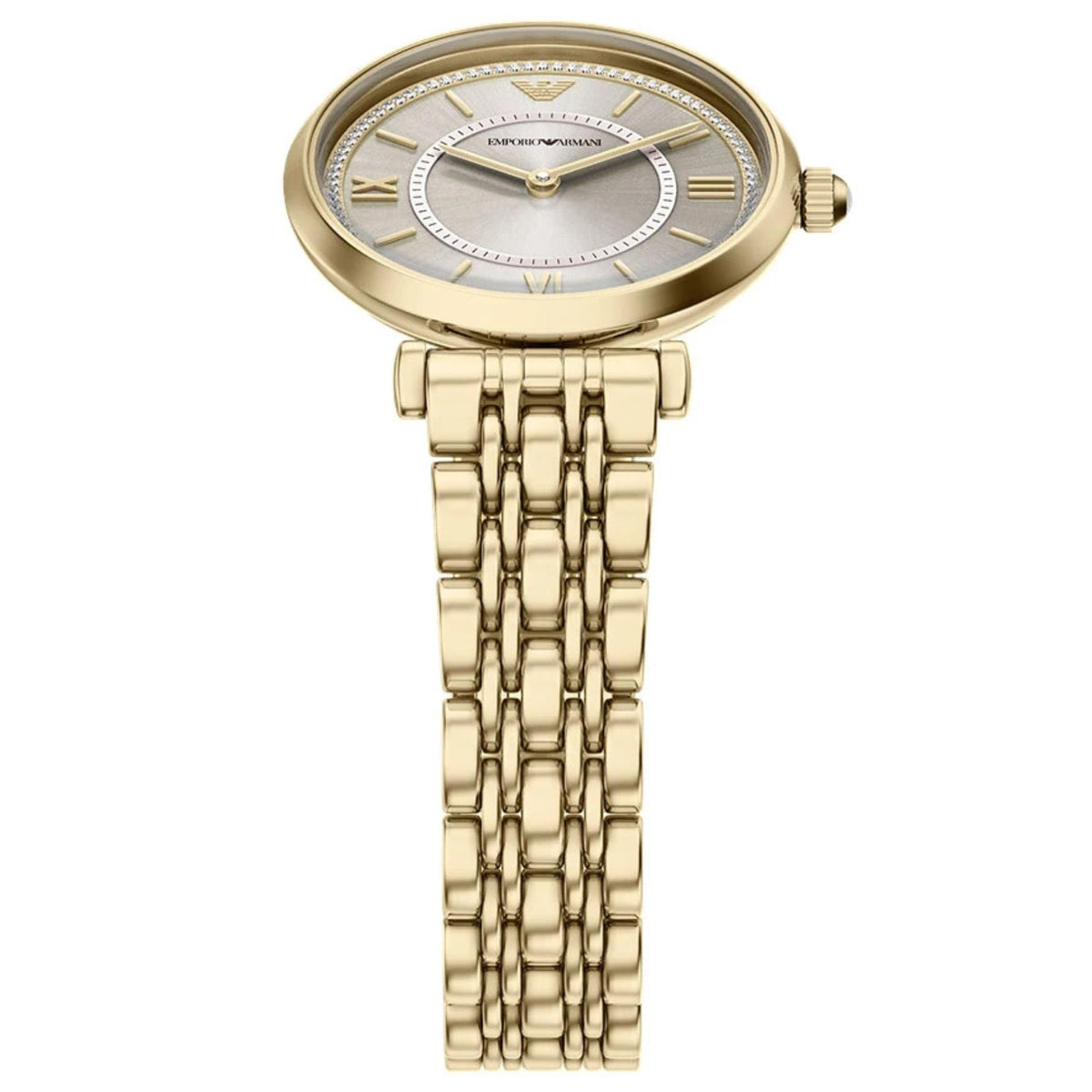 Slightly tilted front angle of the Emporio Armani Gianni T-Bar AR11766 timepiece showcasing the beige gold dial surface and T-bar lug attachment