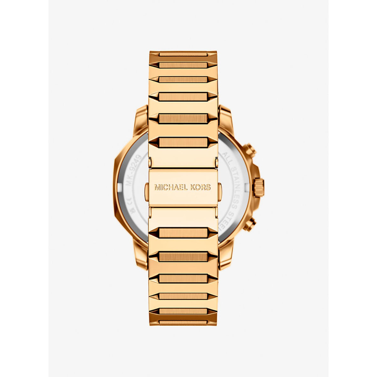 Gold-tone steel watch showing Michael Kors engraving on the bracelet clasp