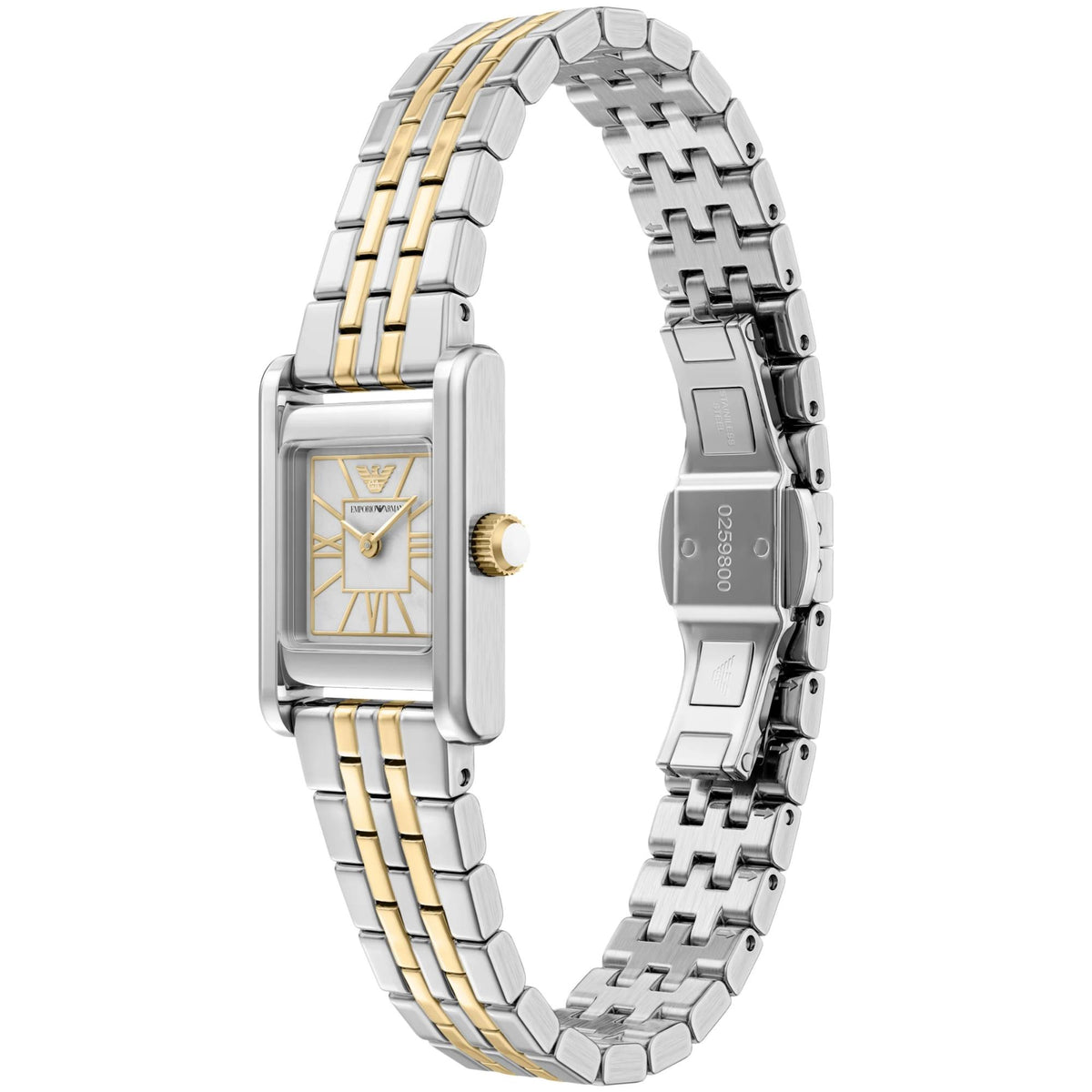 Angled view of the Emporio Armani Genni AR11763 wristwatch highlighting the white mother of pearl dial finish, rectangular steel case, and integrated clasp mechanism