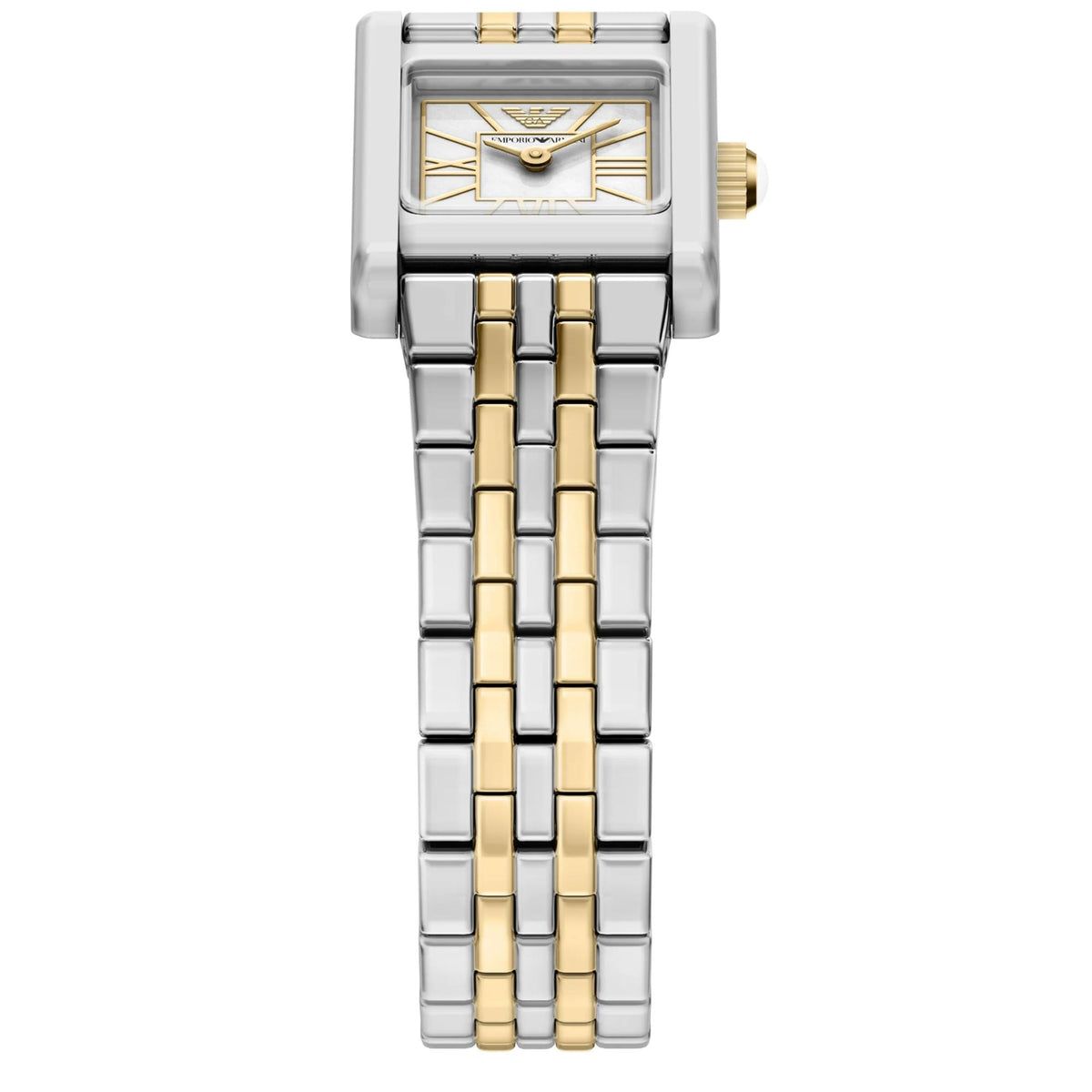 Slightly tilted front view of the Emporio Armani Genni AR11763 watch showcasing the white mother of pearl dial surface and two-tone steel bracelet links