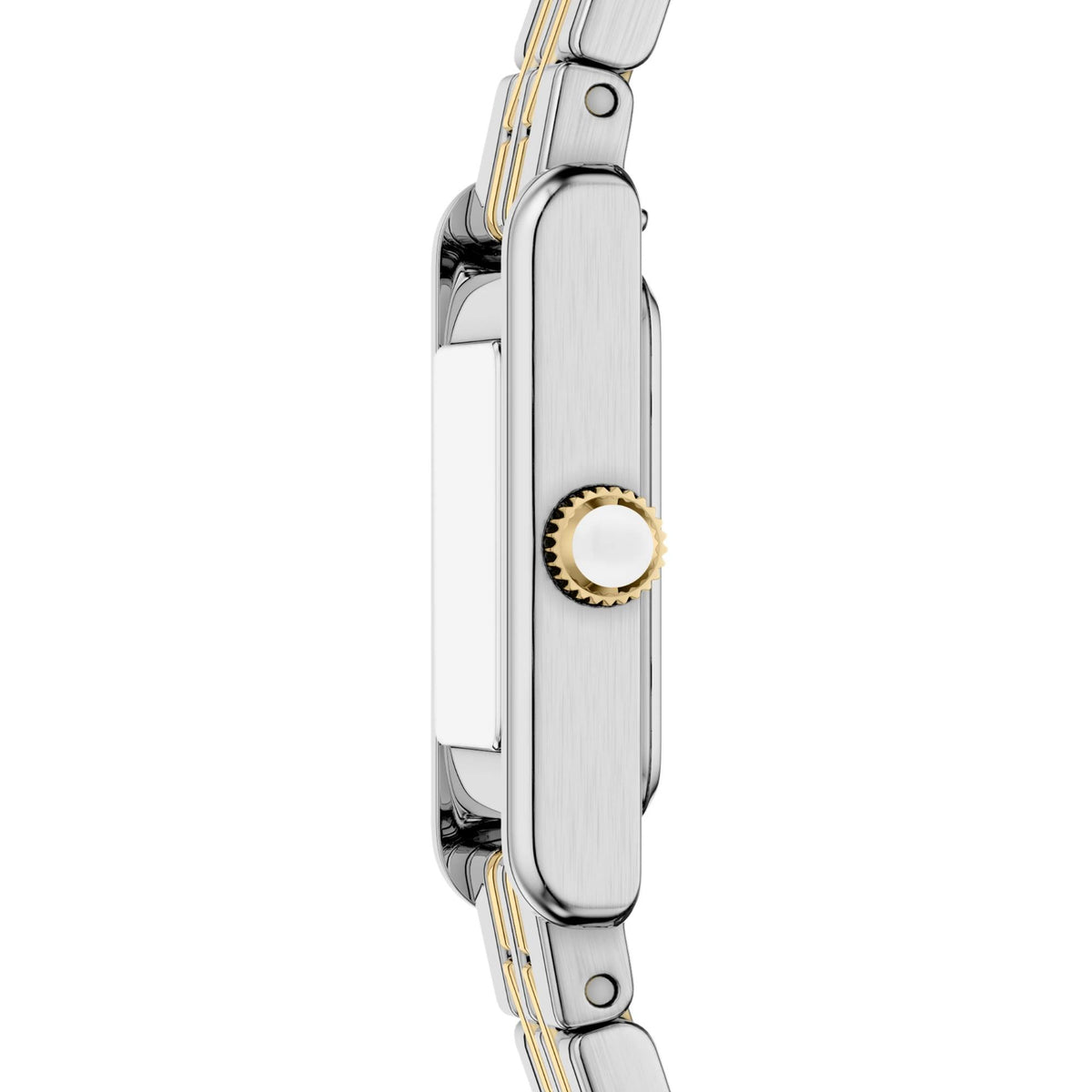Side profile view of the Emporio Armani Genni AR11763 watch case detailing the slender stainless steel profile and gold-tone crown with a white stone accent