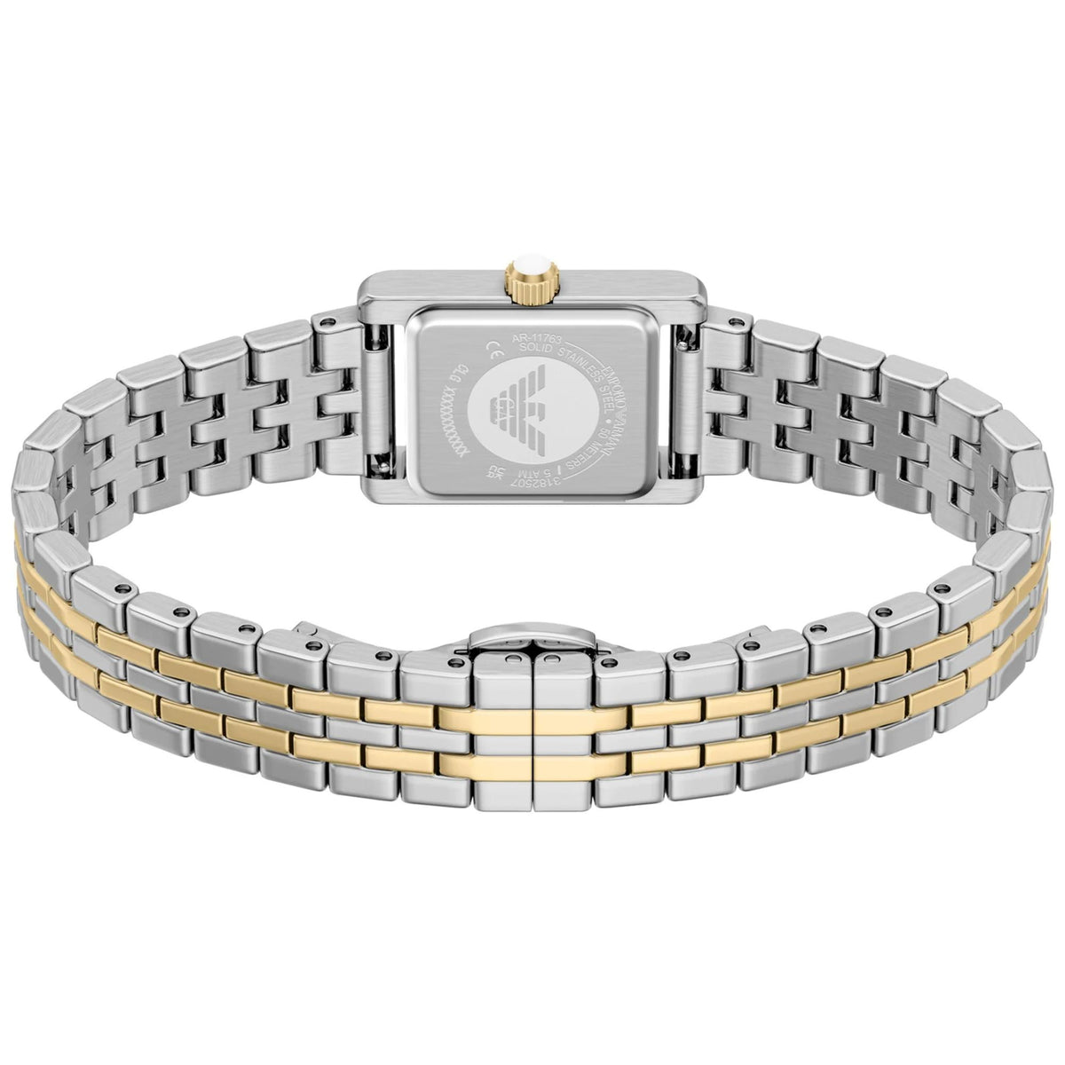 Rear view of the Emporio Armani Genni AR11763 watch displaying the solid rectangular case back with etched eagle logo and open two-tone bracelet layout