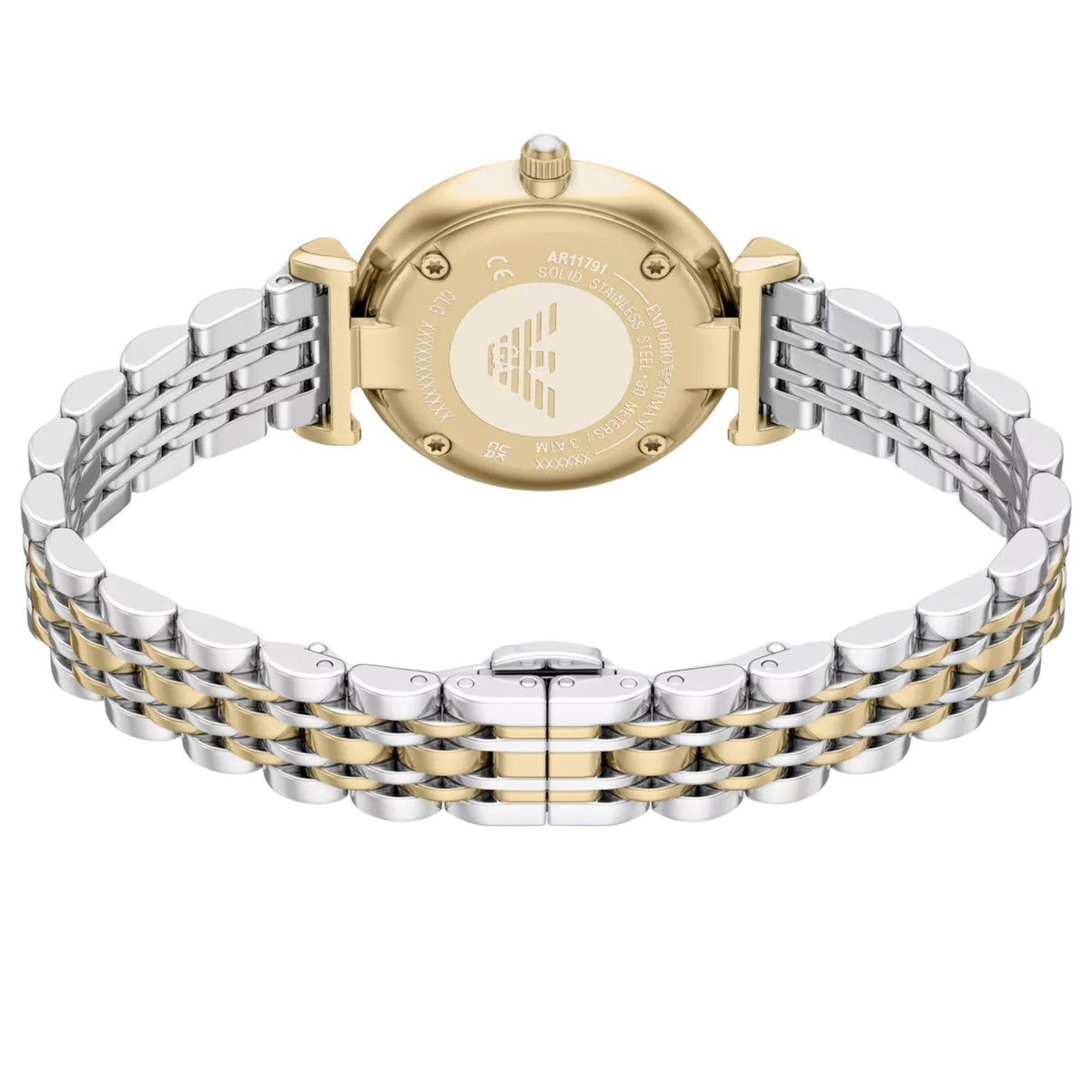 Emporio Armani Gianni T-Bar AR80086SET back case perspective showing brand engraving and steel butterfly clasp bracelet