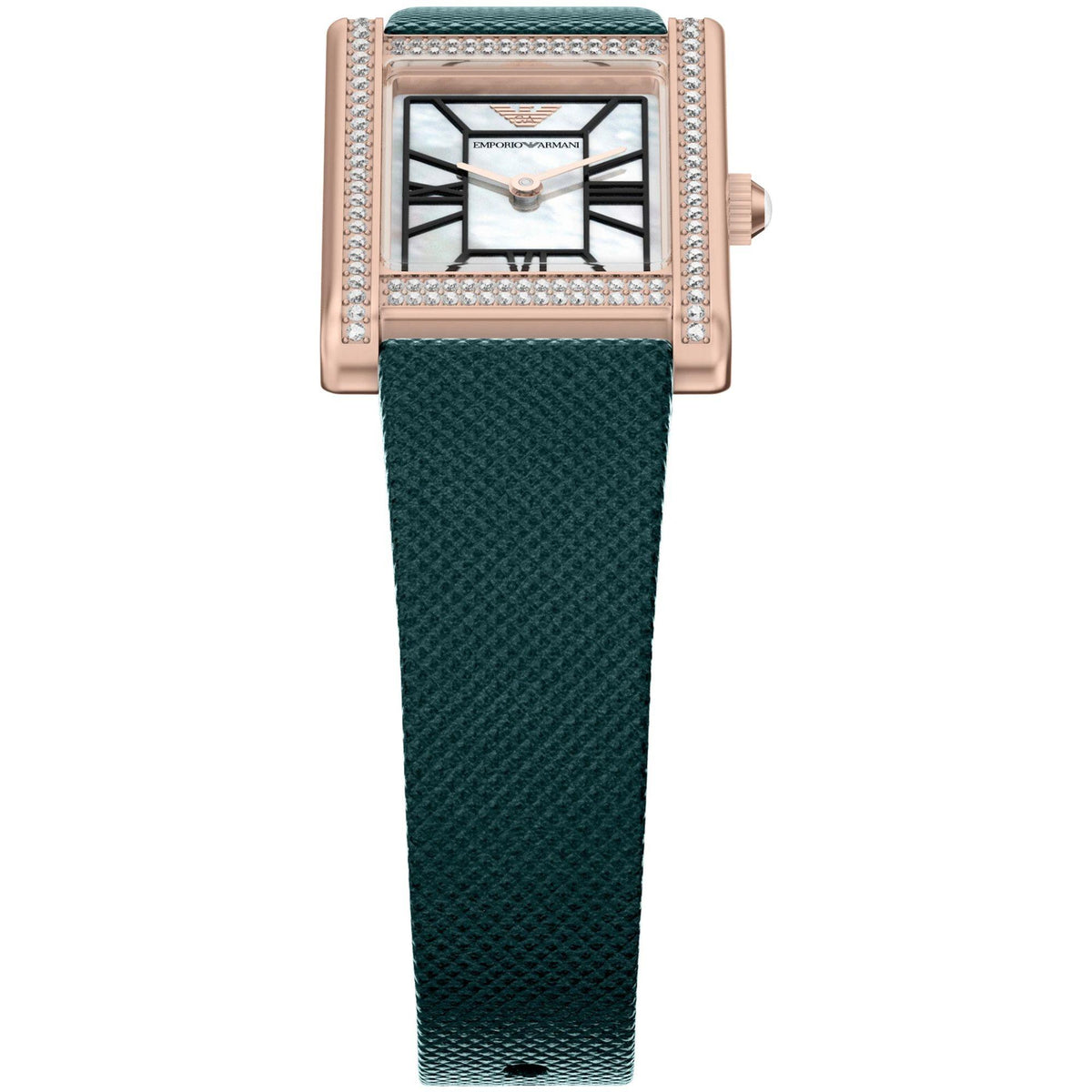 Ladies quartz watch with dark green leather strap, rose-gold bezel, and mother-of-pearl dial