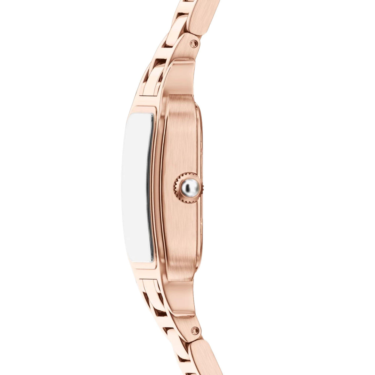 Ladies rose-gold tone watch case side with crown and linked bracelet