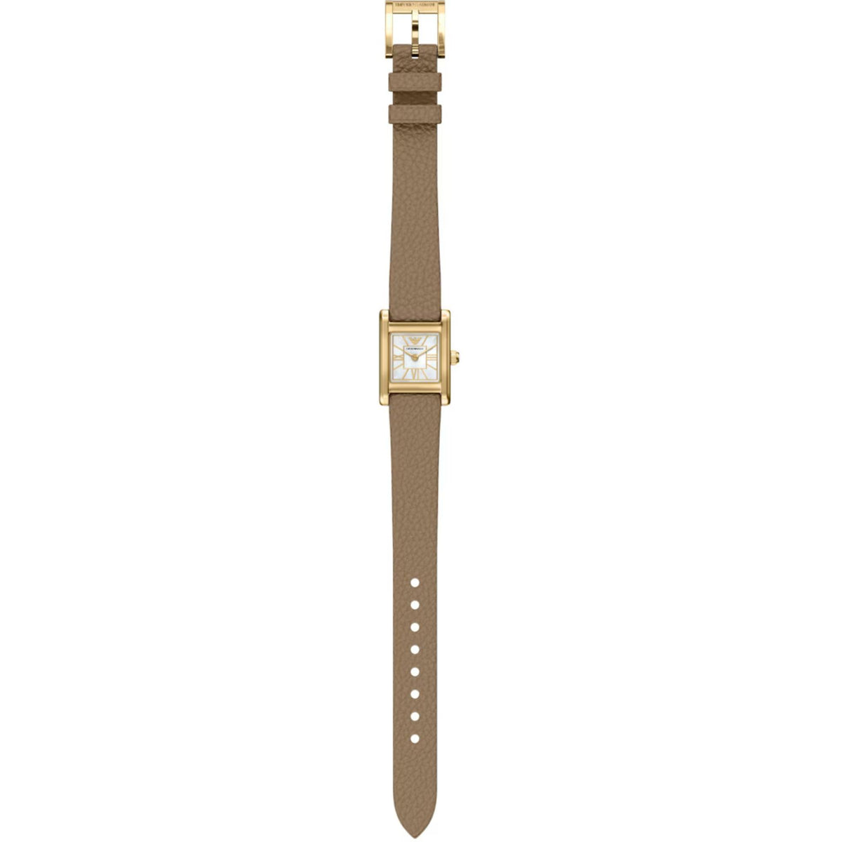 Ladies quartz watch with rectangular mother-of-pearl dial, gold-tone case, taupe leather strap