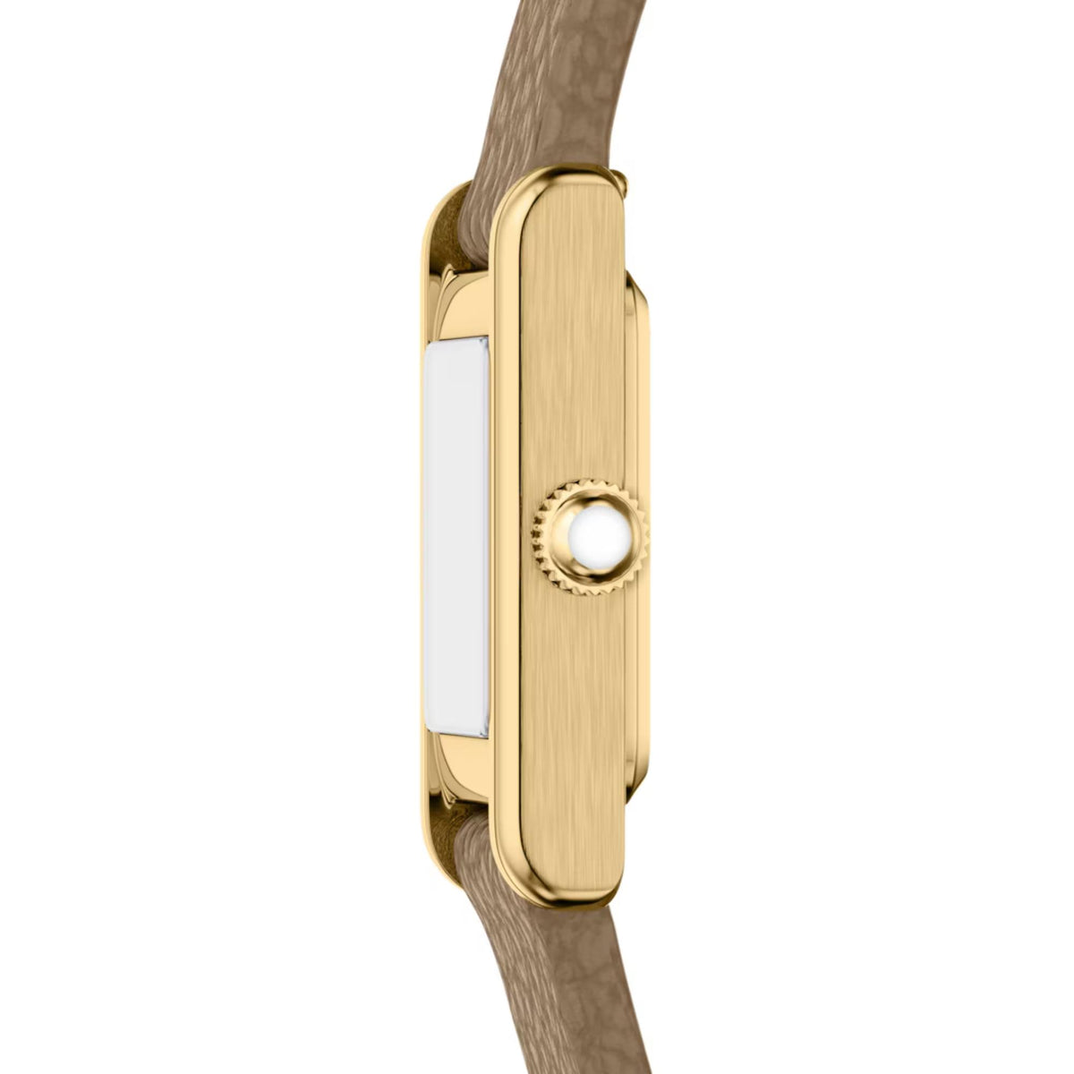 Gold-tone rectangular watch case and crown on taupe leather strap with round pin hole