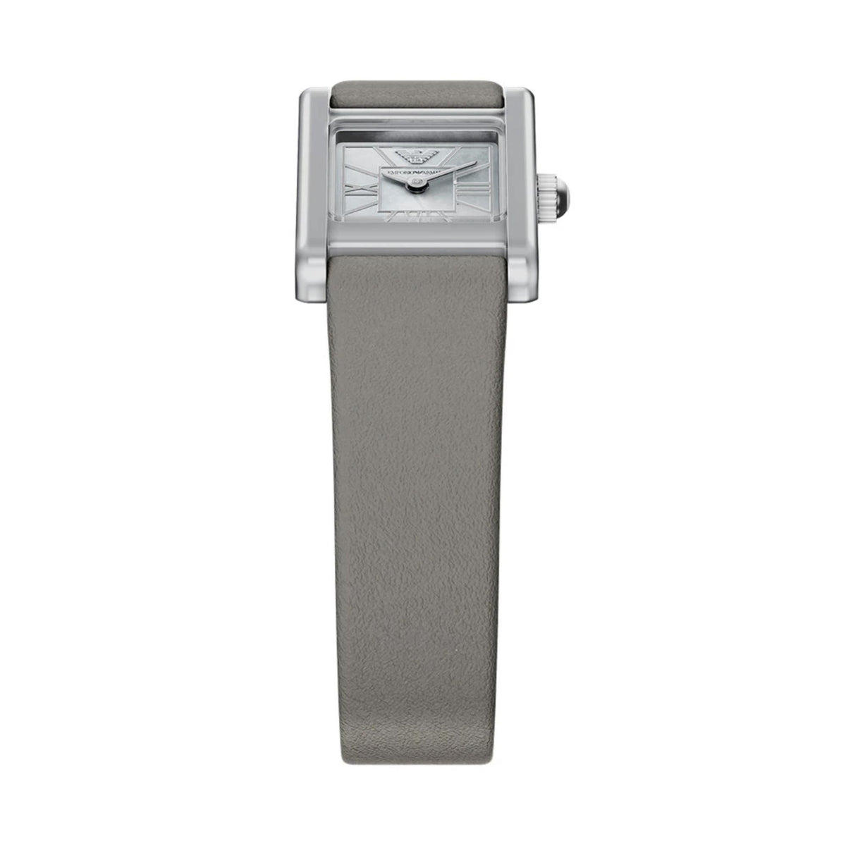 Ladies quartz watch with silver case, mother-of-pearl dial, gray leather strap