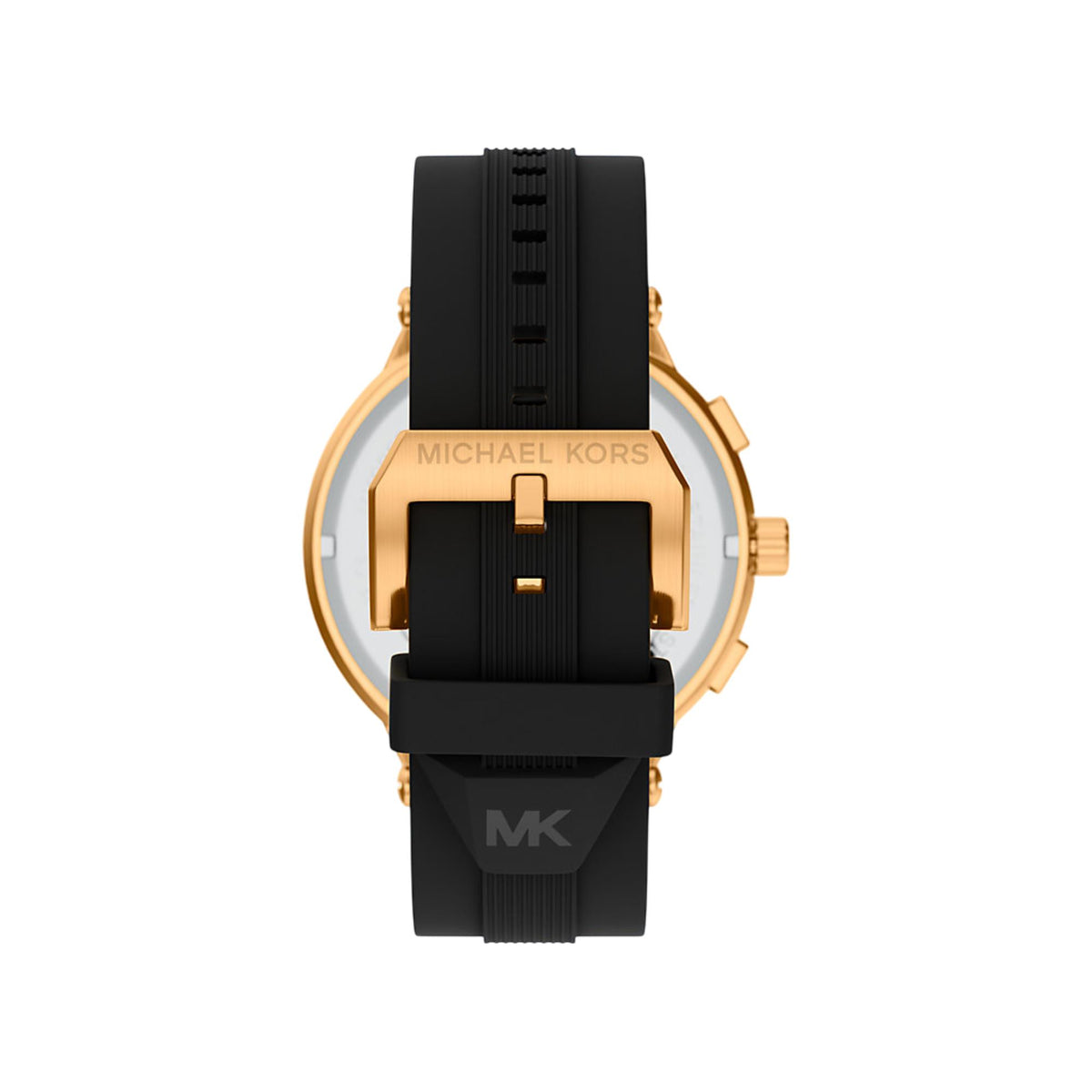 Back view of chronograph watch with black silicone strap and gold-tone case back
