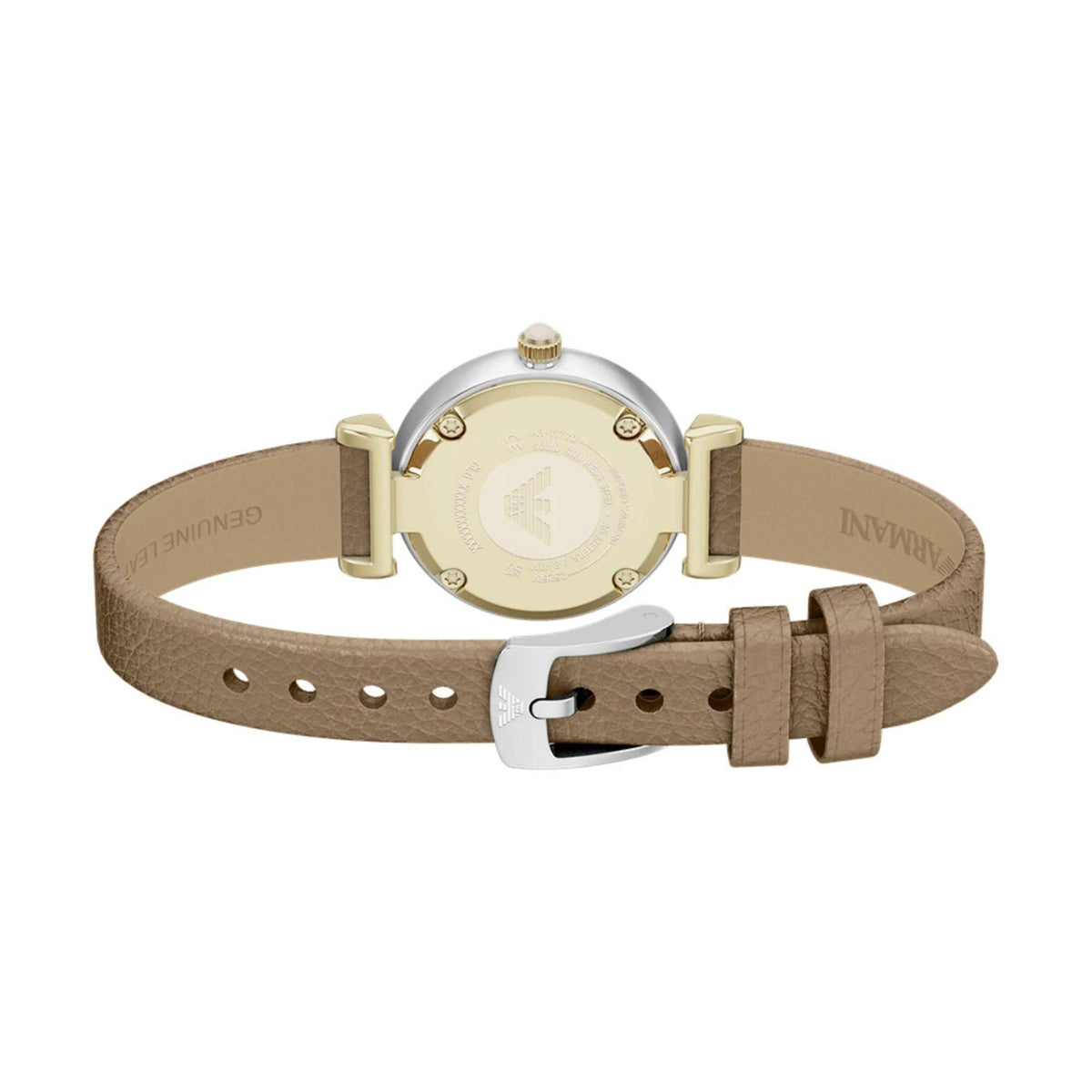 Emporio Armani Gianni T-Bar AR11770 stainless steel case back and crown close up
