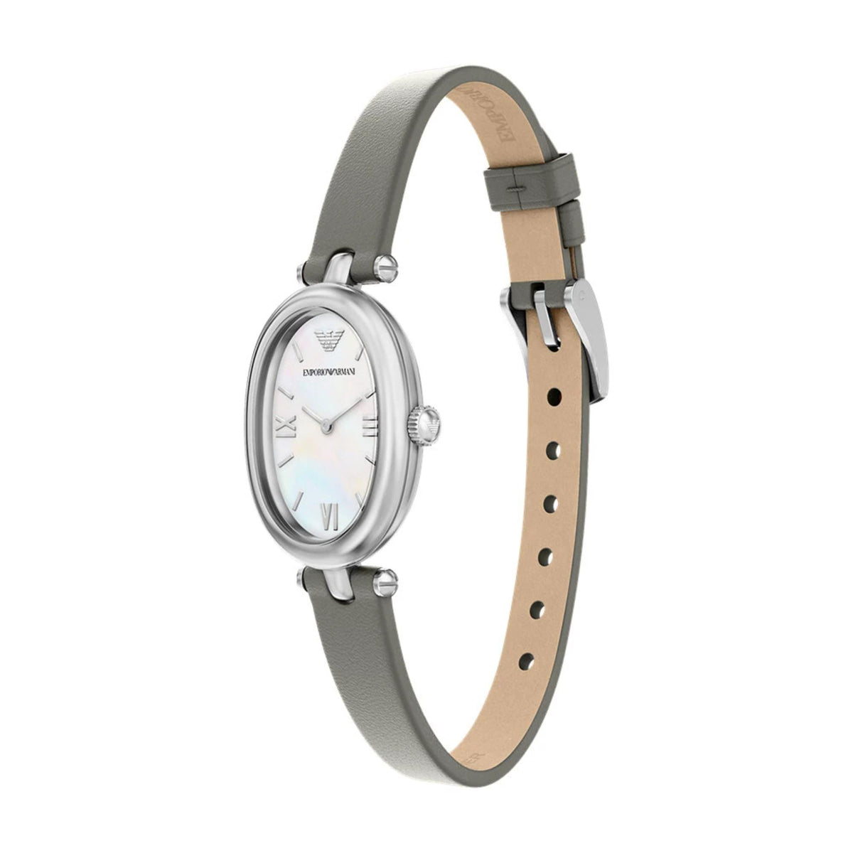 Ladies oval quartz wristwatch with grey leather strap and mother-of-pearl dial, silver-tone case